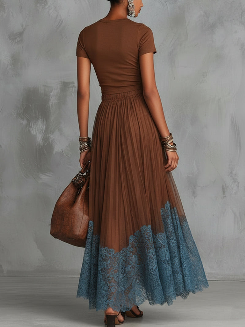 Brown Short Sleeve Shirt And Blue Lace-Trim Tulle Maxi Skirt Set