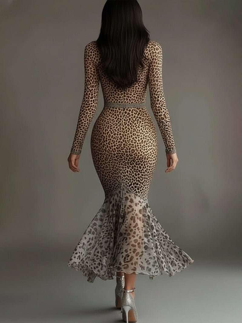 Mermaid Dress z głębokim dekoltem w serek w panterkę - Szybka wysyłka w 24 godziny