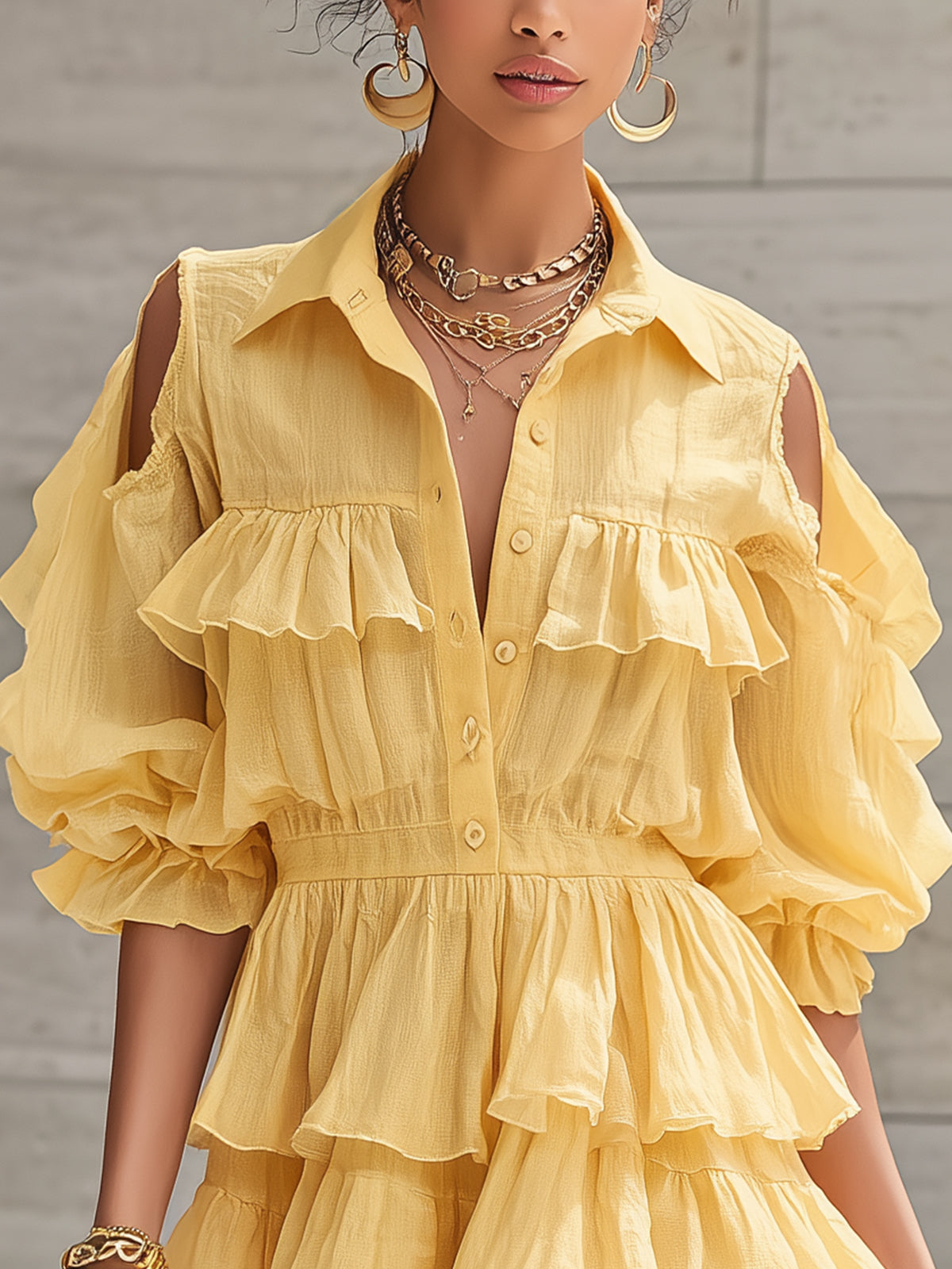 Yellow Ruffled Cold Shoulder Button Front Tiered Mini Dress