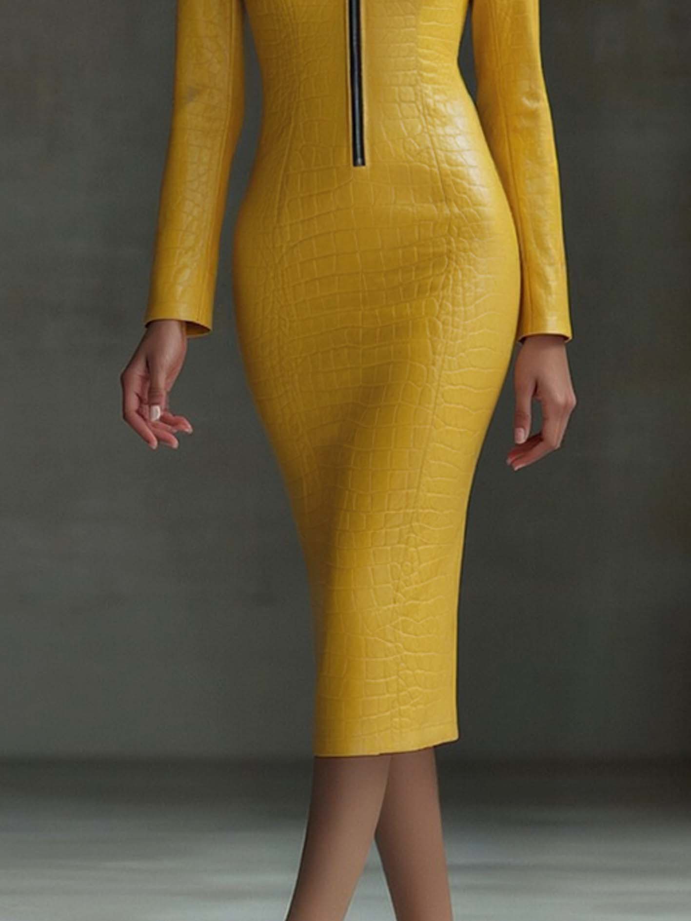 Stylowa Żółta Teksturowana Sztuczna Skórzana Sukienka Midi Bodycon z Zamkiem