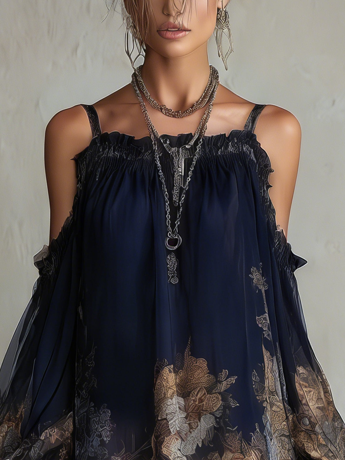 Navy Floral Off-Shoulder Chiffon Mini Dress