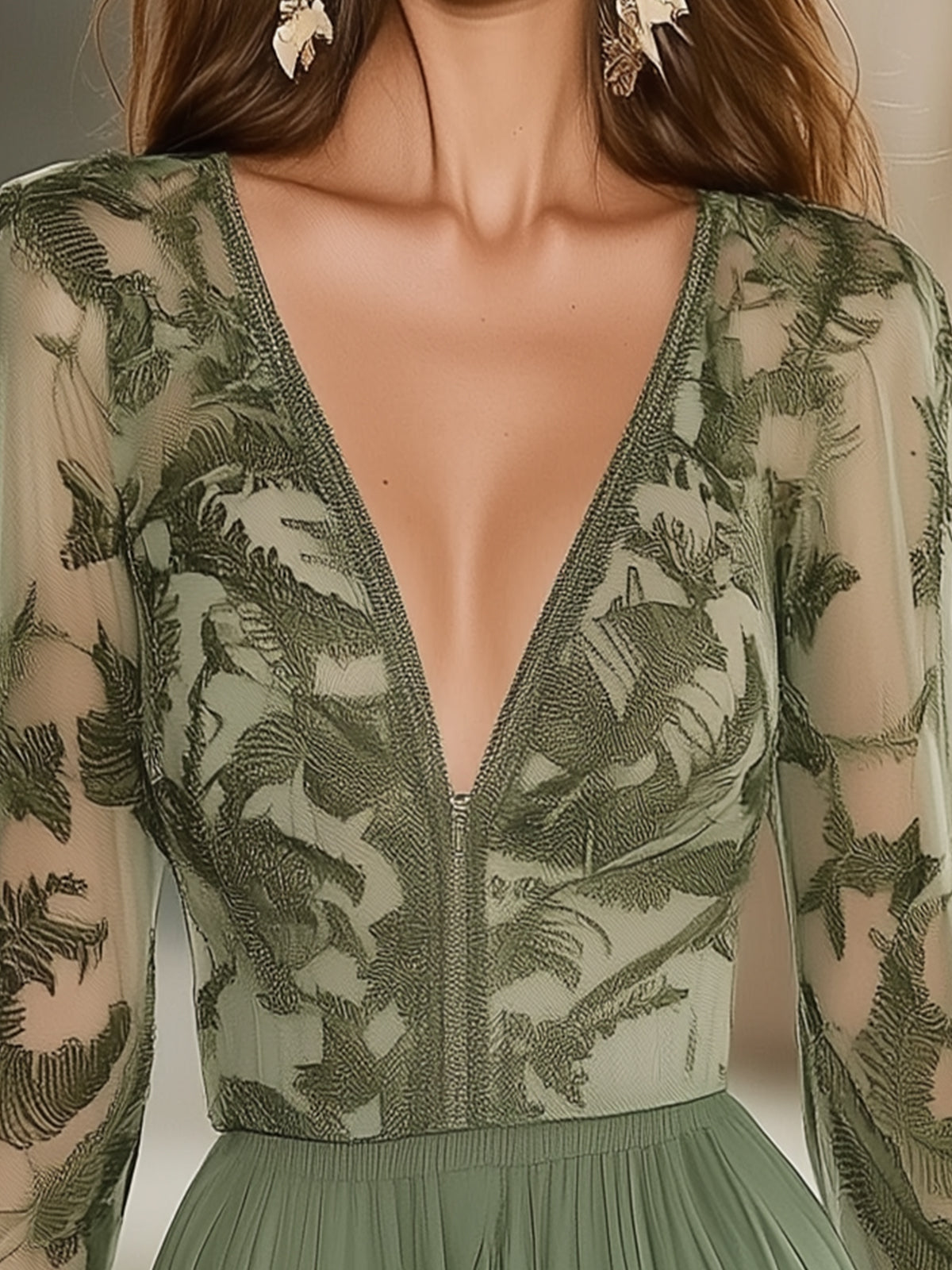 Boho Mini Sukienka z Chiffonu w Liściasty Wzór