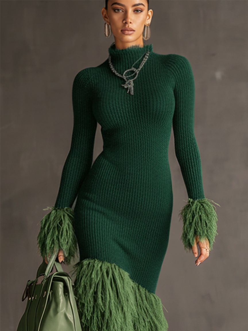 Emerald Green Bodycon Dress with Eco-Friendly Fur and Long Sleeves - 24-Hour Shipping
