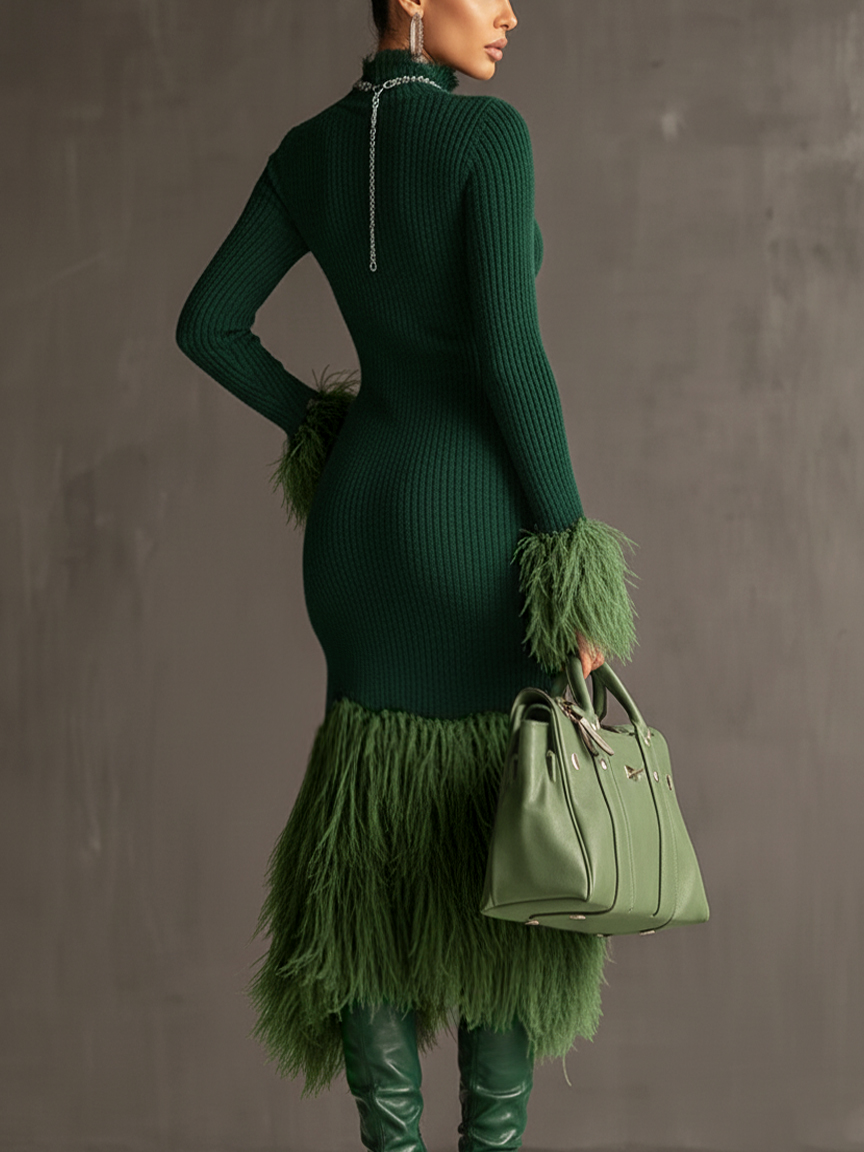 Emerald Green Bodycon Dress with Eco-Friendly Fur and Long Sleeves - 24-Hour Shipping