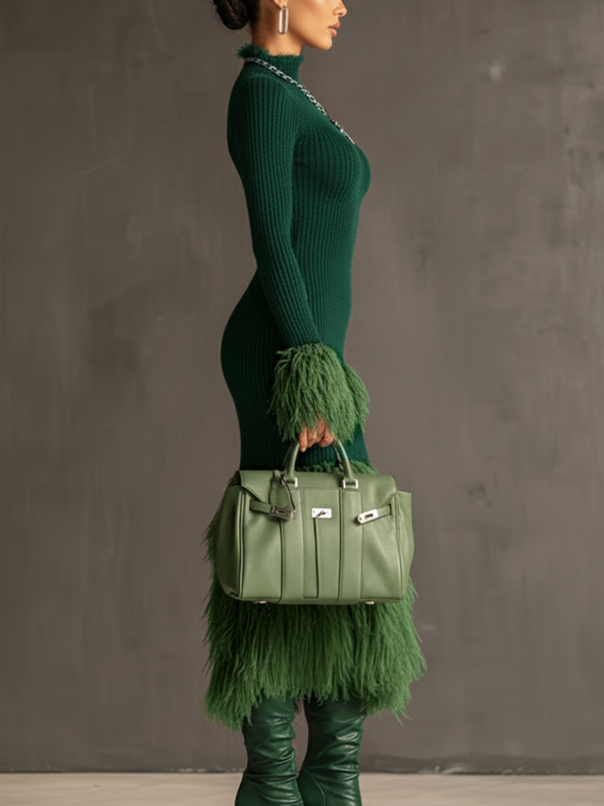 Emerald Green Bodycon Dress with Eco-Friendly Fur and Long Sleeves - 24-Hour Shipping