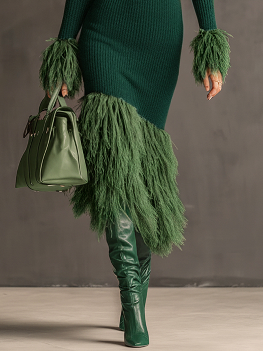 Emerald Green Bodycon Dress with Eco-Friendly Fur and Long Sleeves - 24-Hour Shipping