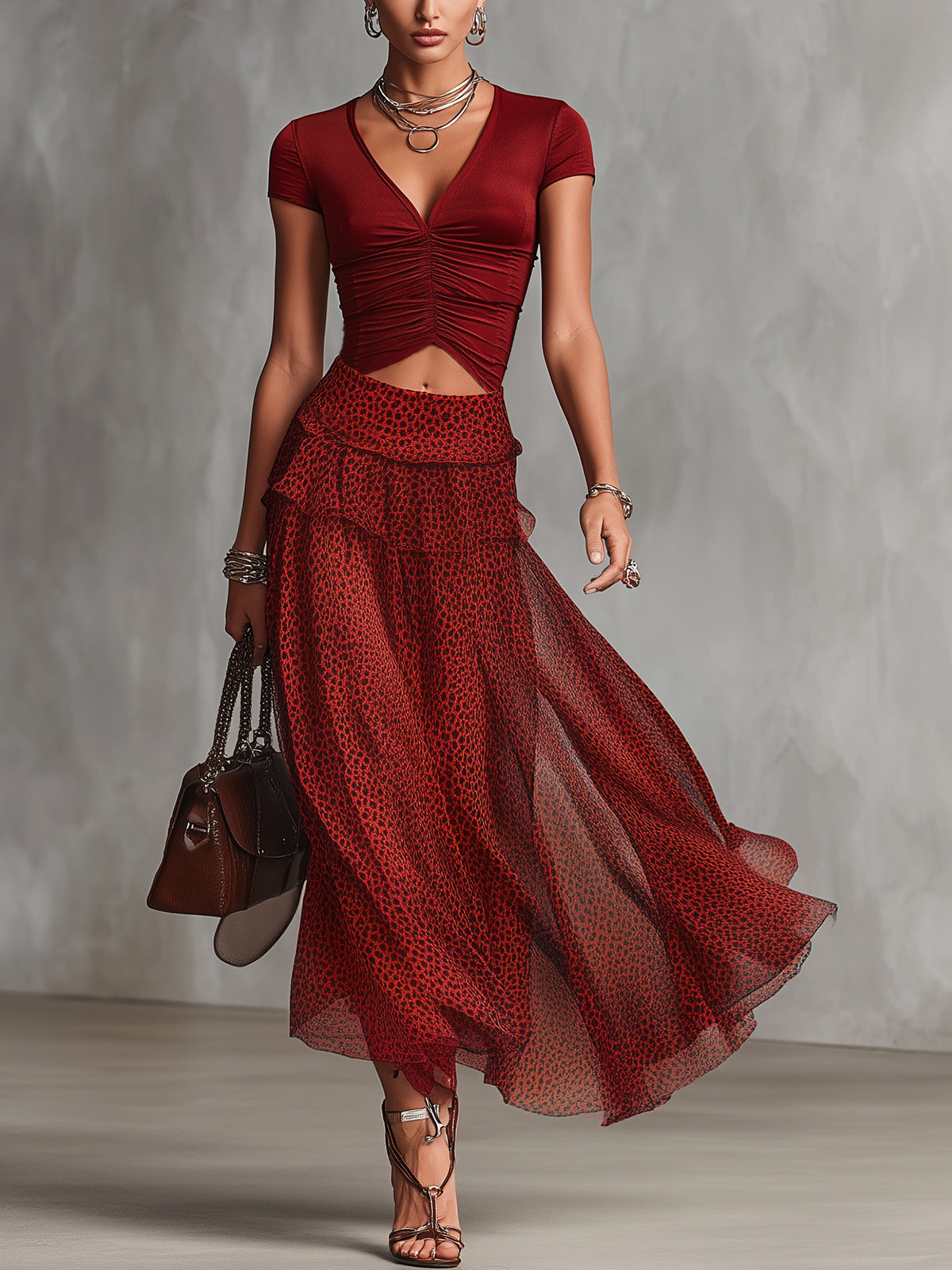 Red Crop Top And Tiered Printed Chiffon Maxi Skirt Set