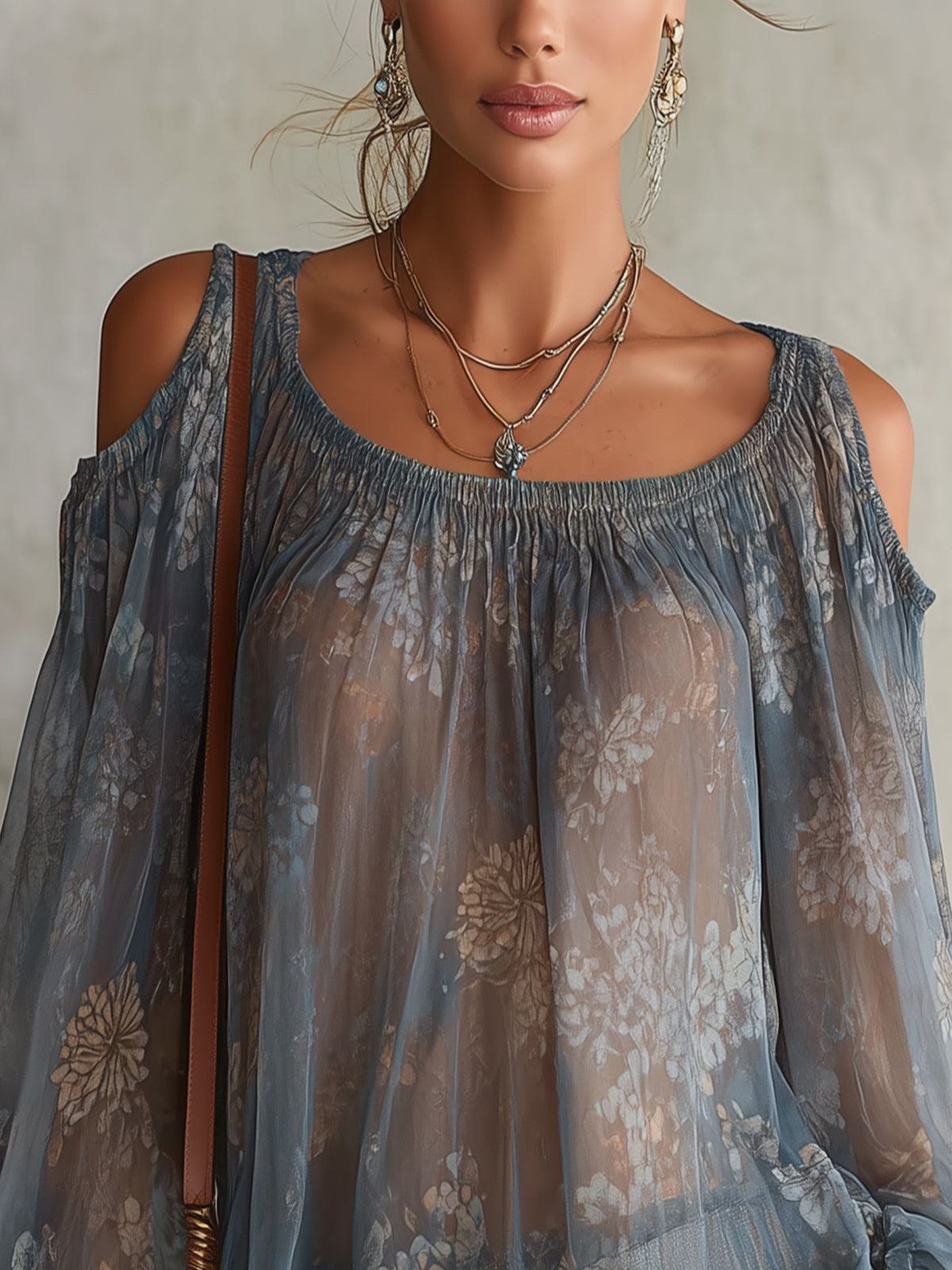 Przezroczysta Niebieska Bluzka Chiffon z Kwiatowym Wzorem Off-Shoulder