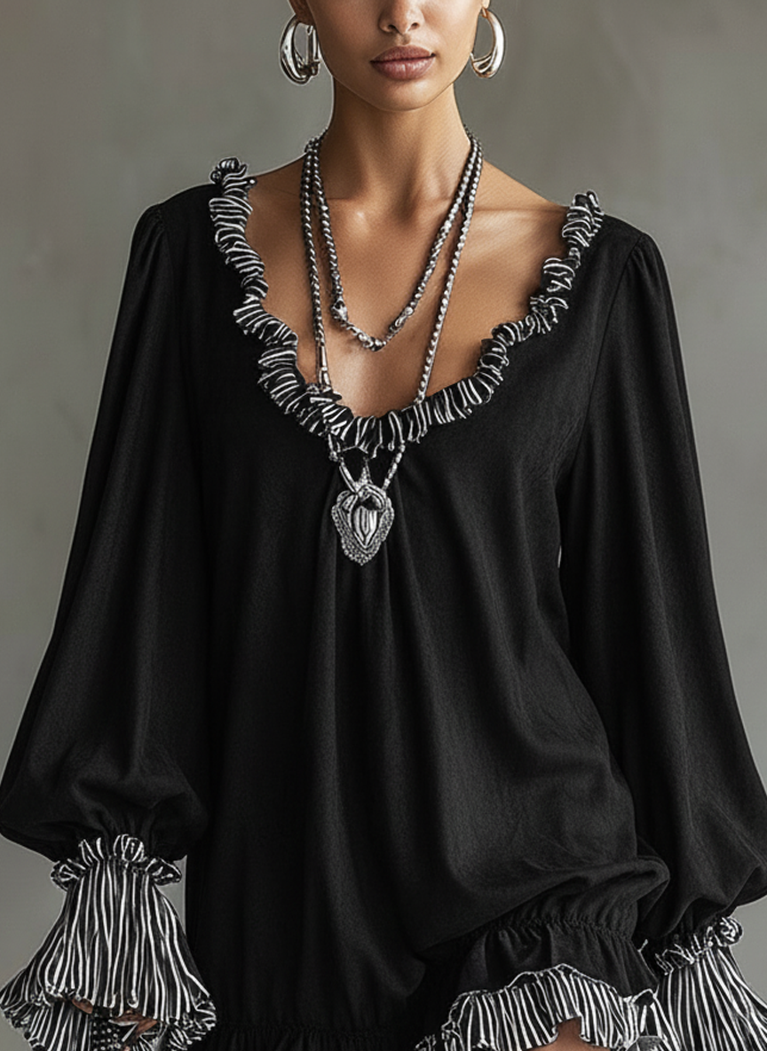 Black Faux Suede Striped Ruffled Loose Mini Dress