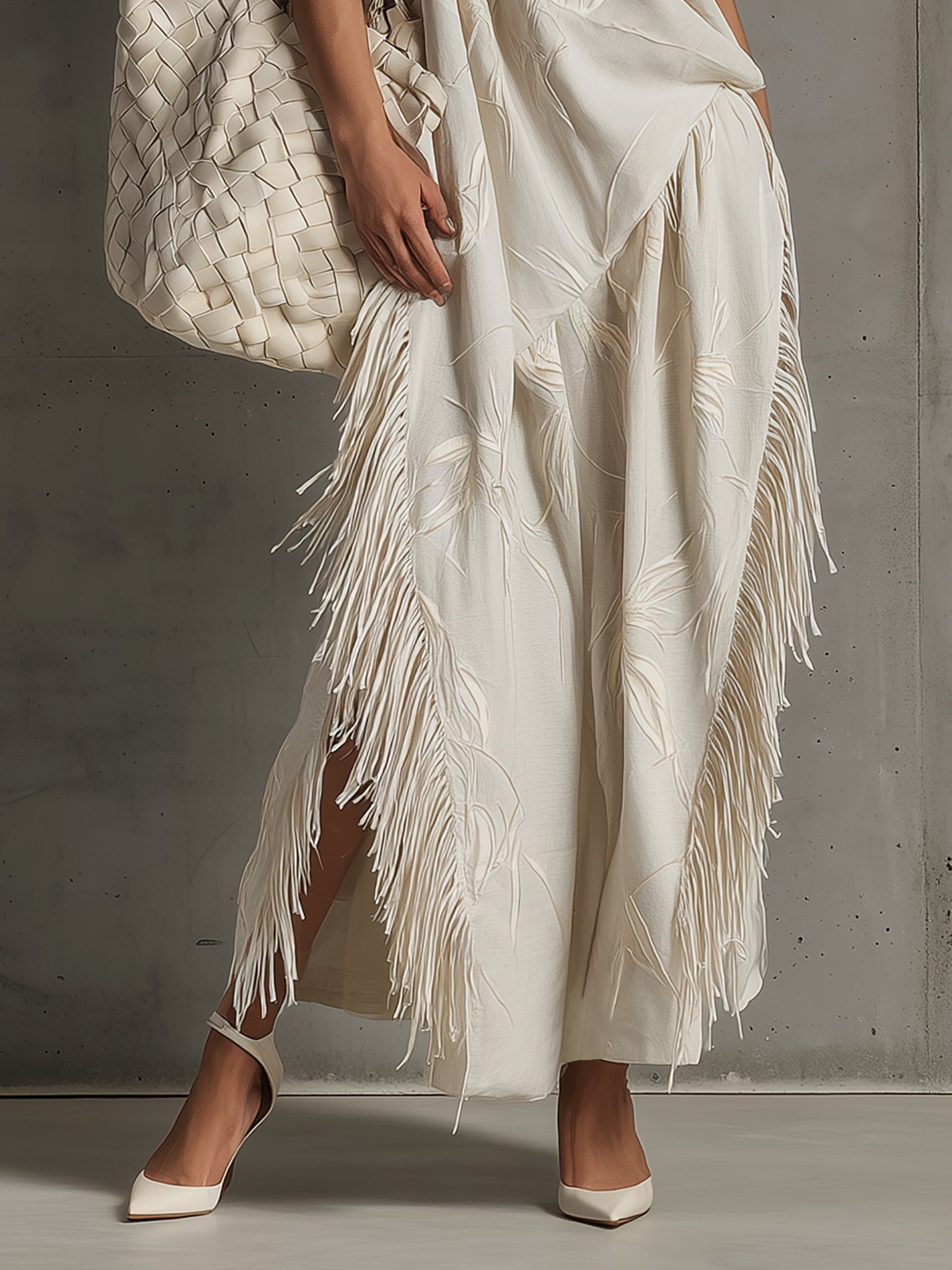 White Asymmetrical Fringe Maxi Dress