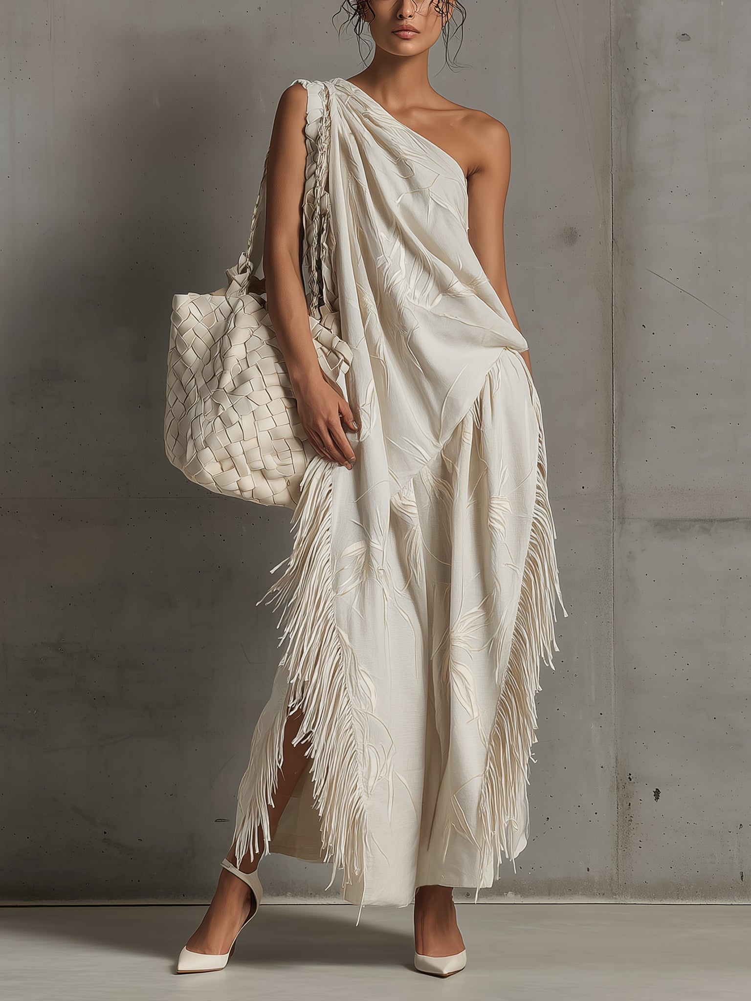 White Asymmetrical Fringe Maxi Dress