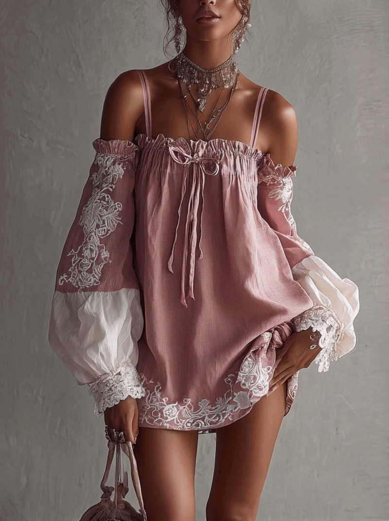Pink And White Patchwork Embroidered Cotton Linen Off Shoulder Mini Dress