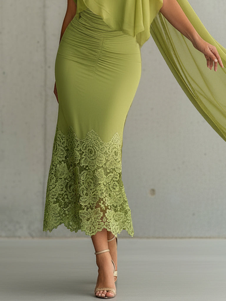 Green Flowing Chiffon Fishtail Lace Bodycon Dress