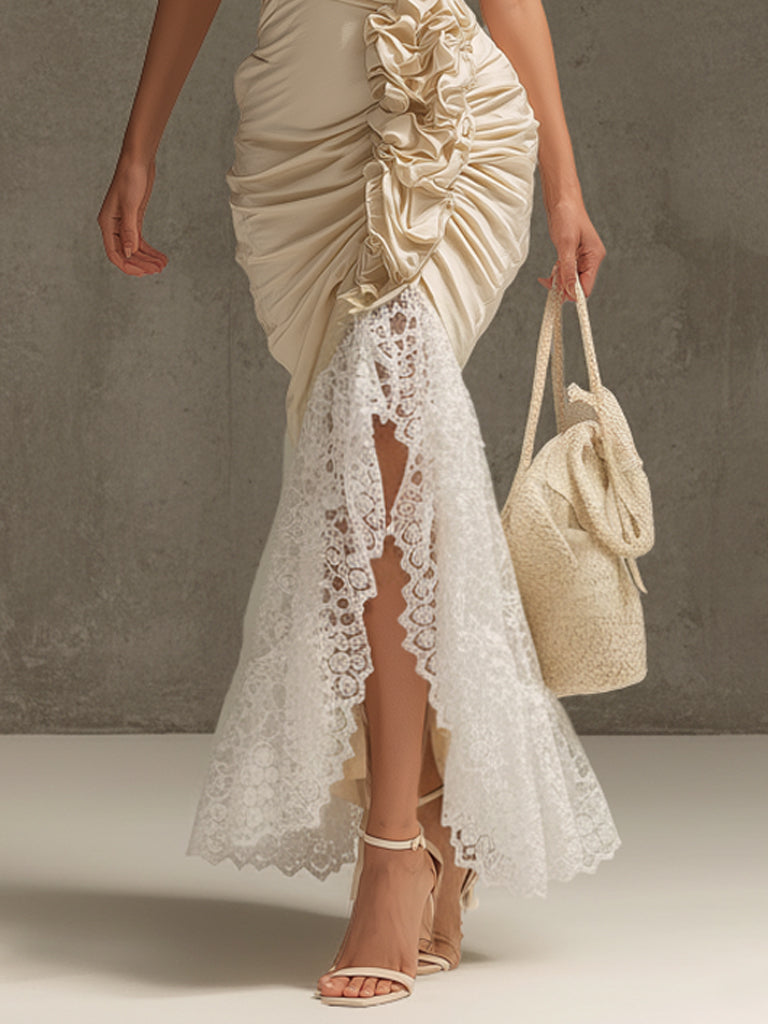 Ivory Lace Ruched Bodycon Mermaid Dress
