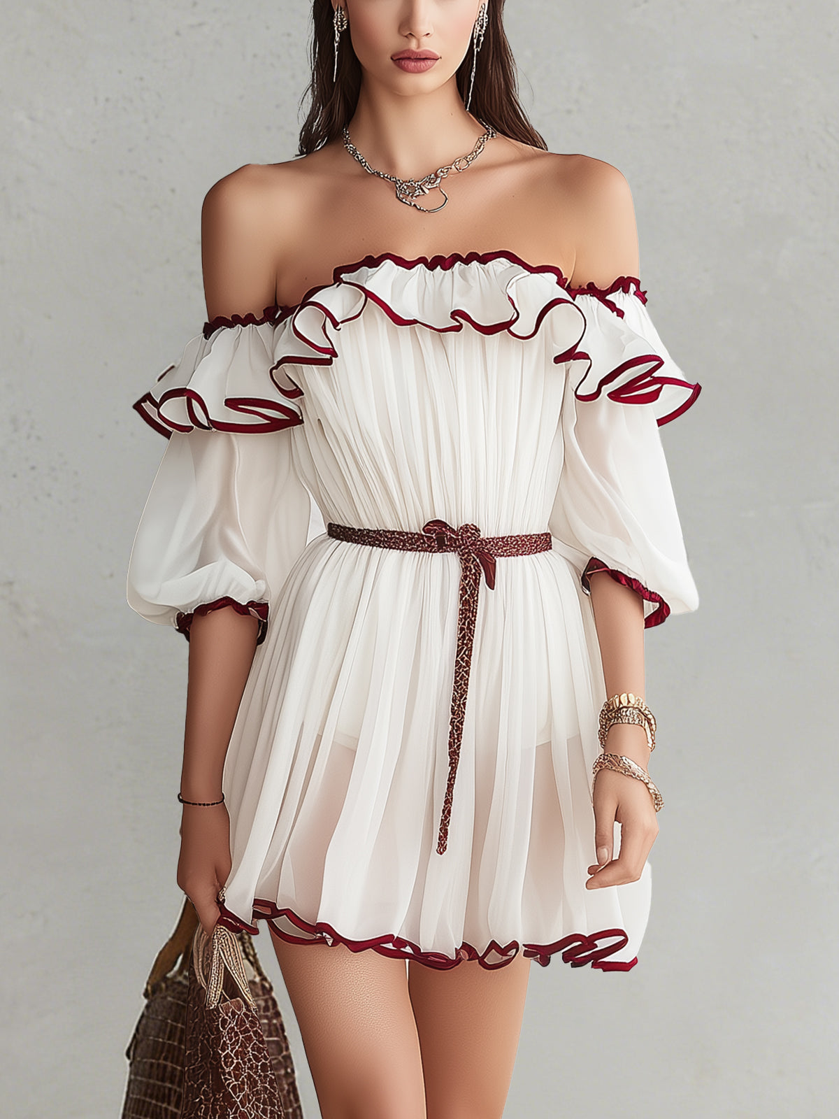 White Off-Shoulder Ruffle Trim Belted Chiffon Mini Dress