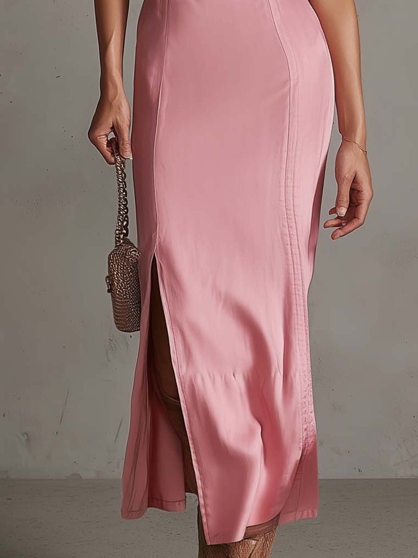 Vintage Embroidered Satin Pink Bodycon Dress With Side Slit