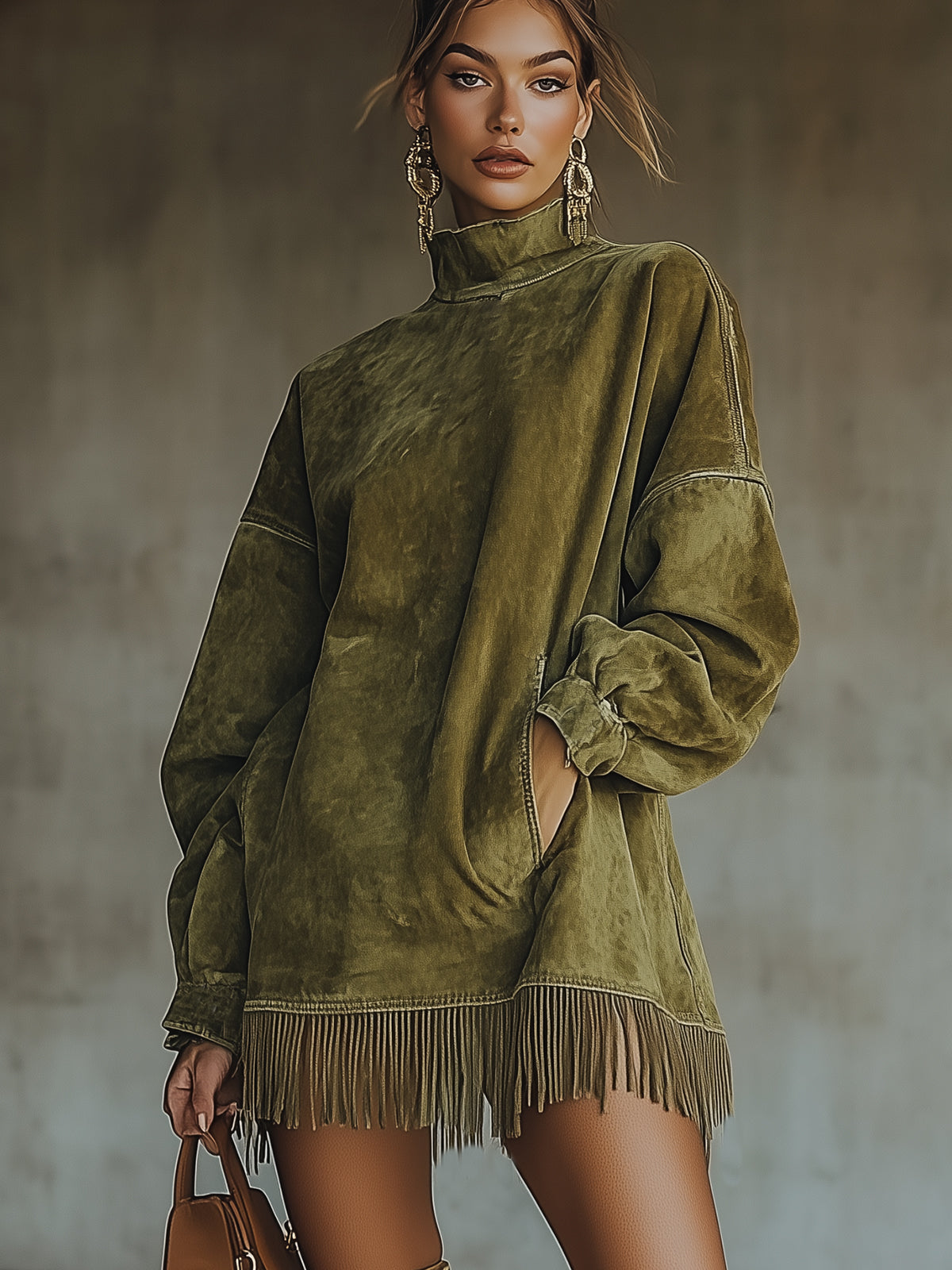 Olive Faux Suede Dress with High Collar and Fringes