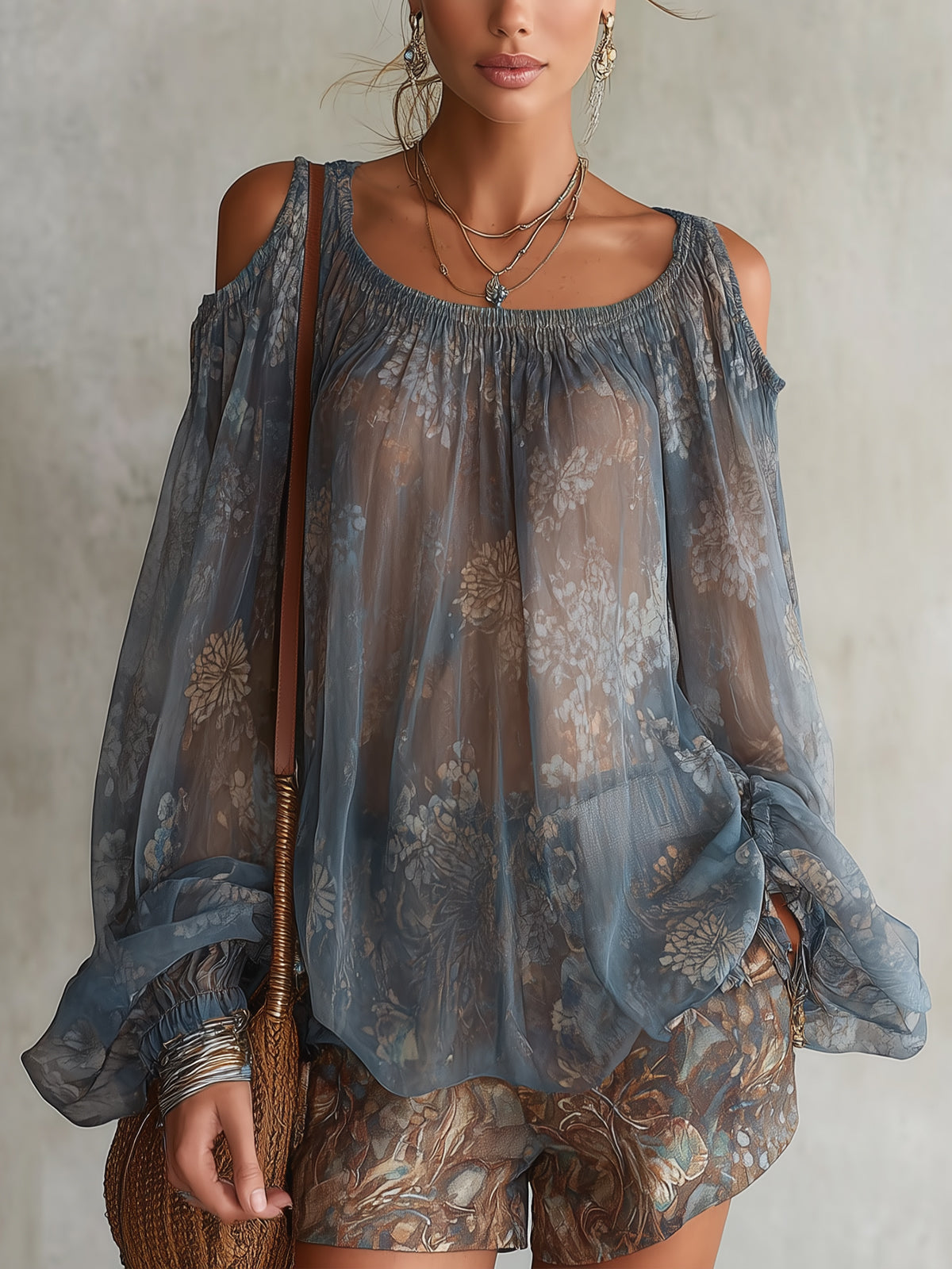 Przezroczysta Niebieska Bluzka Chiffon z Kwiatowym Wzorem Off-Shoulder