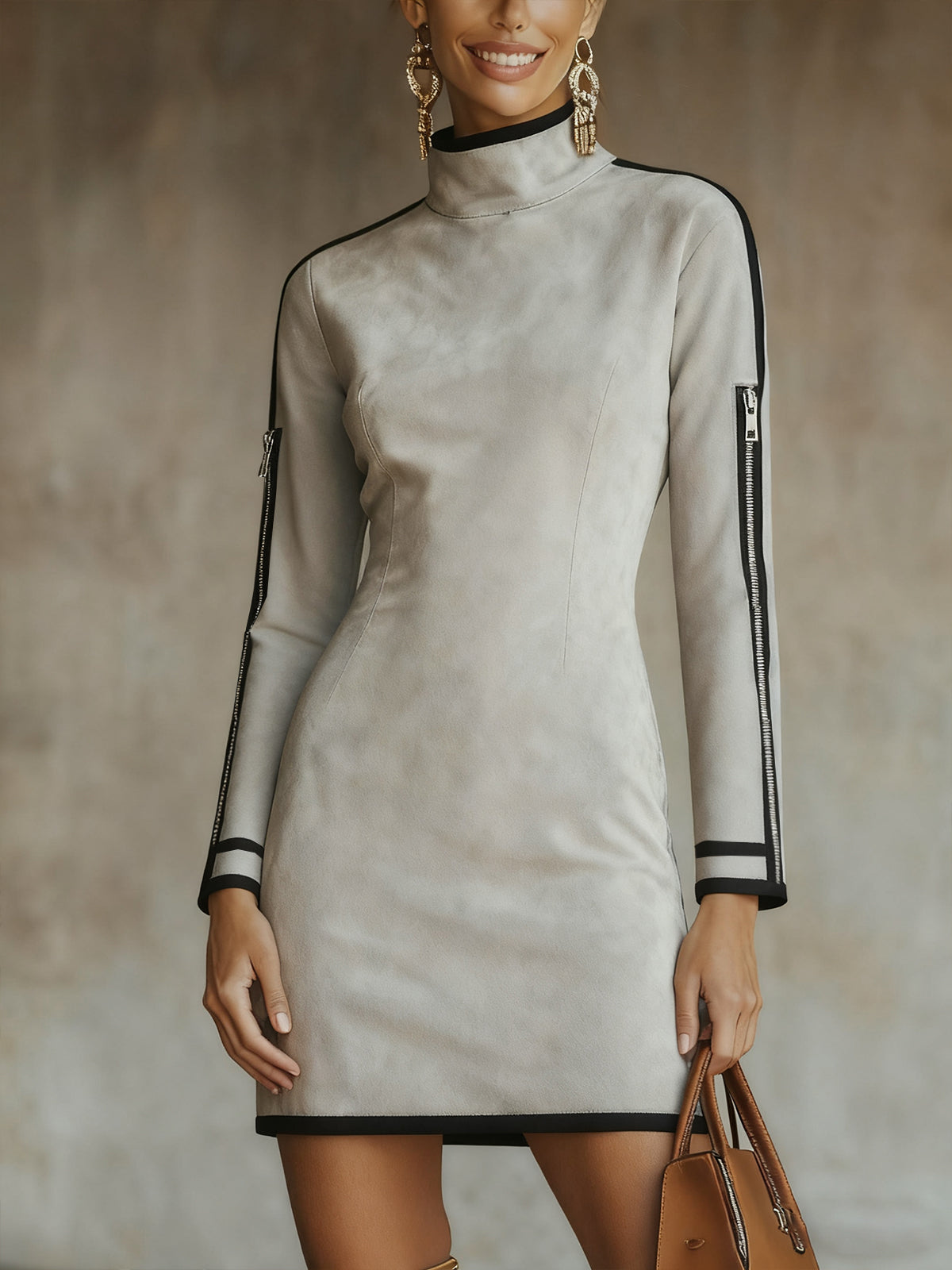 Sukienka mini z szarego sztucznego zamszu z dekoltem typu mock neck i detalami na rękawach z zamkiem, wysyłka w 24 godziny
