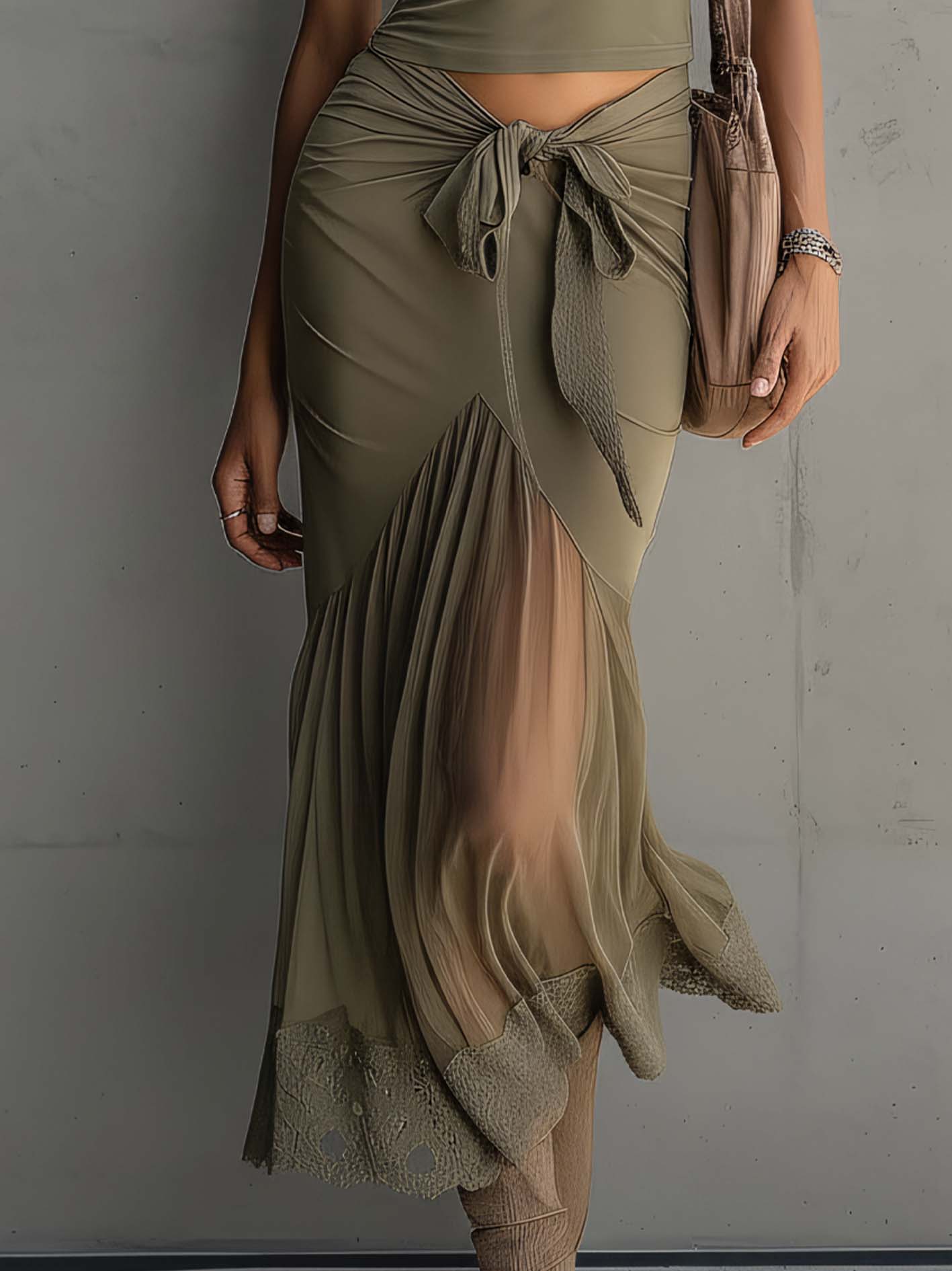 Army Green Pink Trim Chiffon Lace Patchwork Two-Piece Set