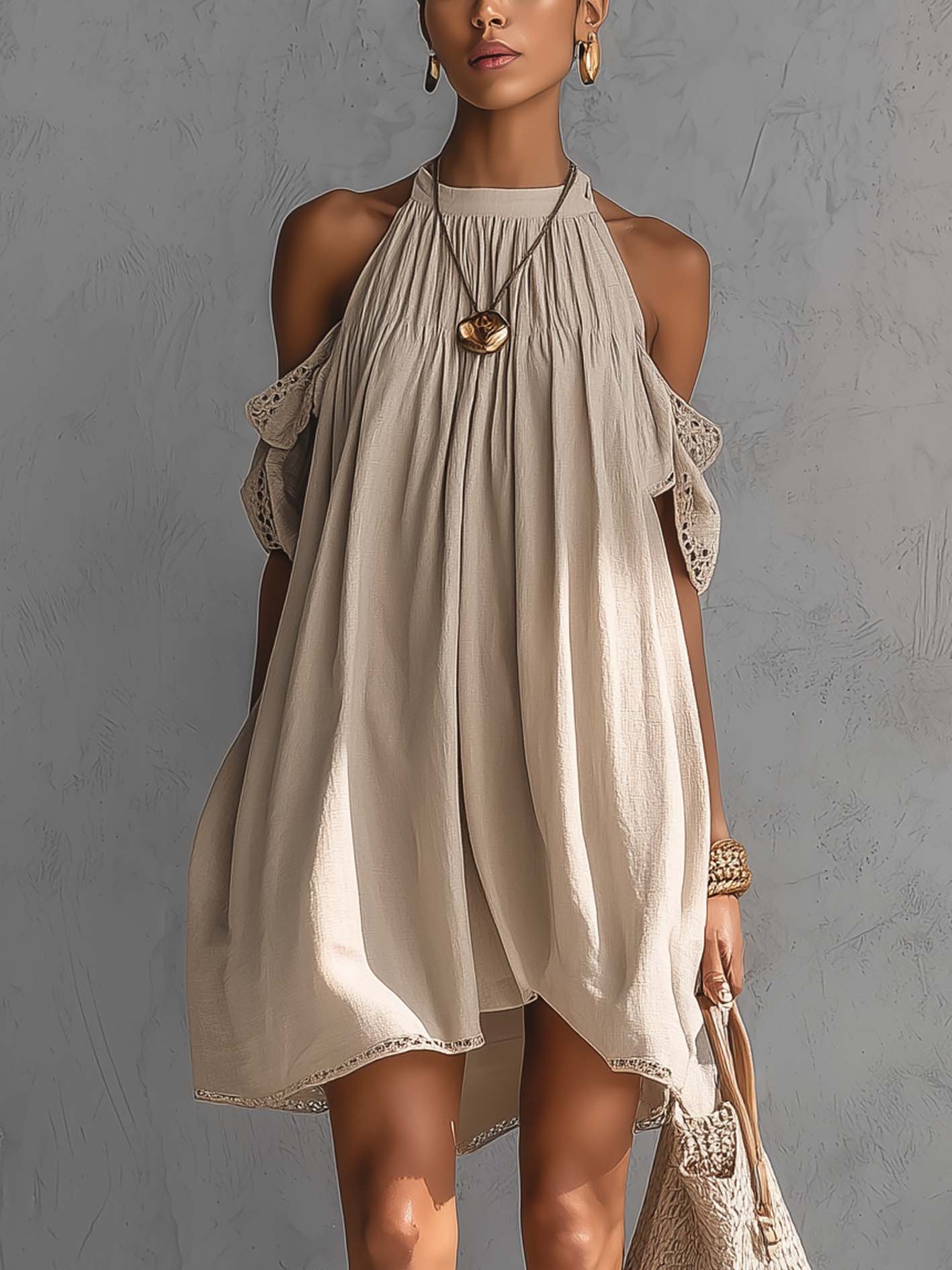 Beige Cotton Linen Cold Shoulder Lace Sleeve Mini Dress
