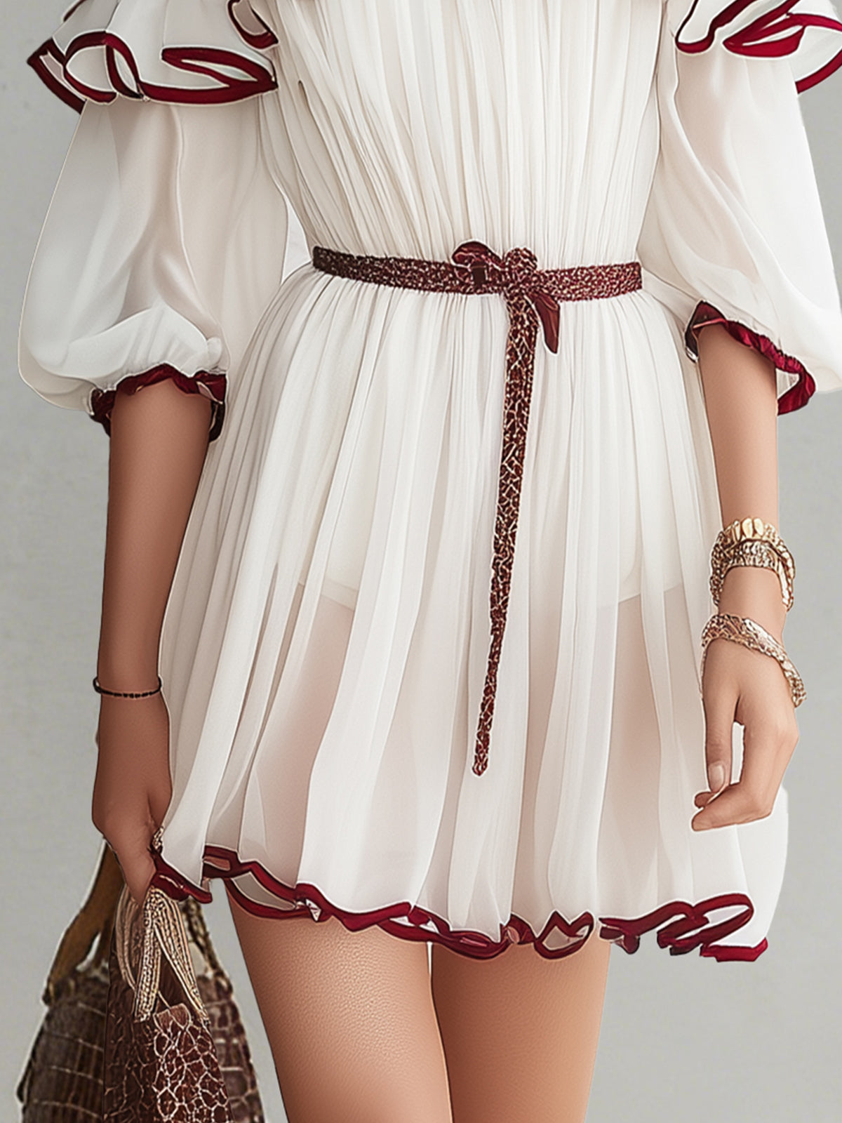 White Off-Shoulder Ruffle Trim Belted Chiffon Mini Dress