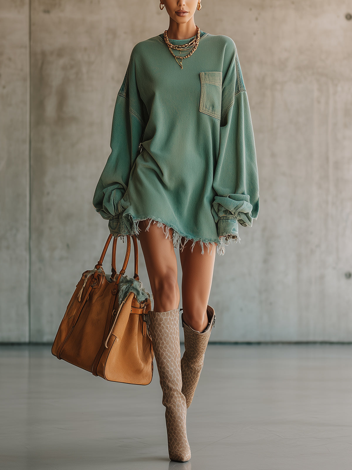 Mini Zielona Dżinsowa Sukienka z Przeciętym Hemem i Kieszenią w Stylu Oversized