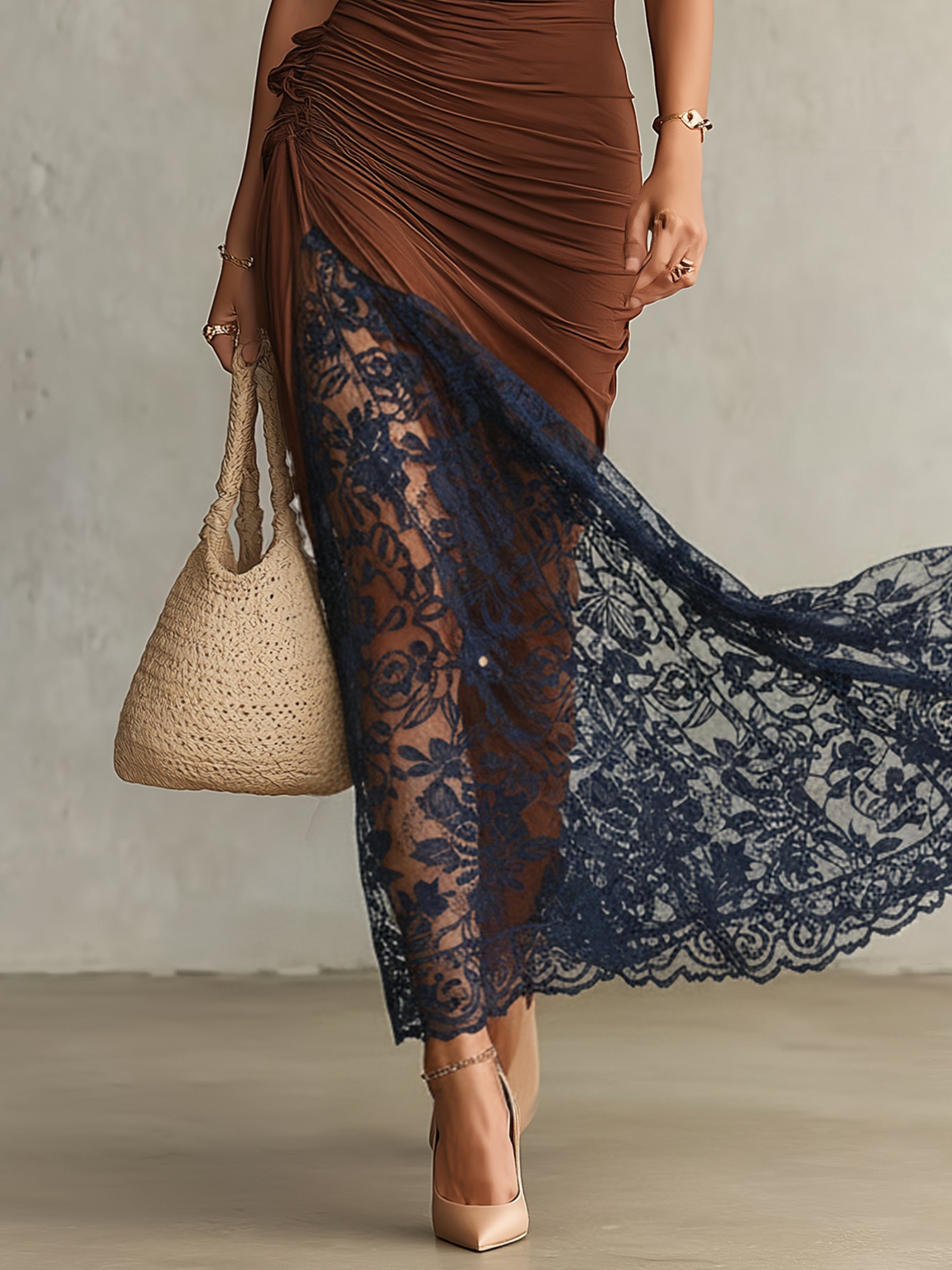 Elegant Brown Stretch Cutout Blue Lace Maxi Dress