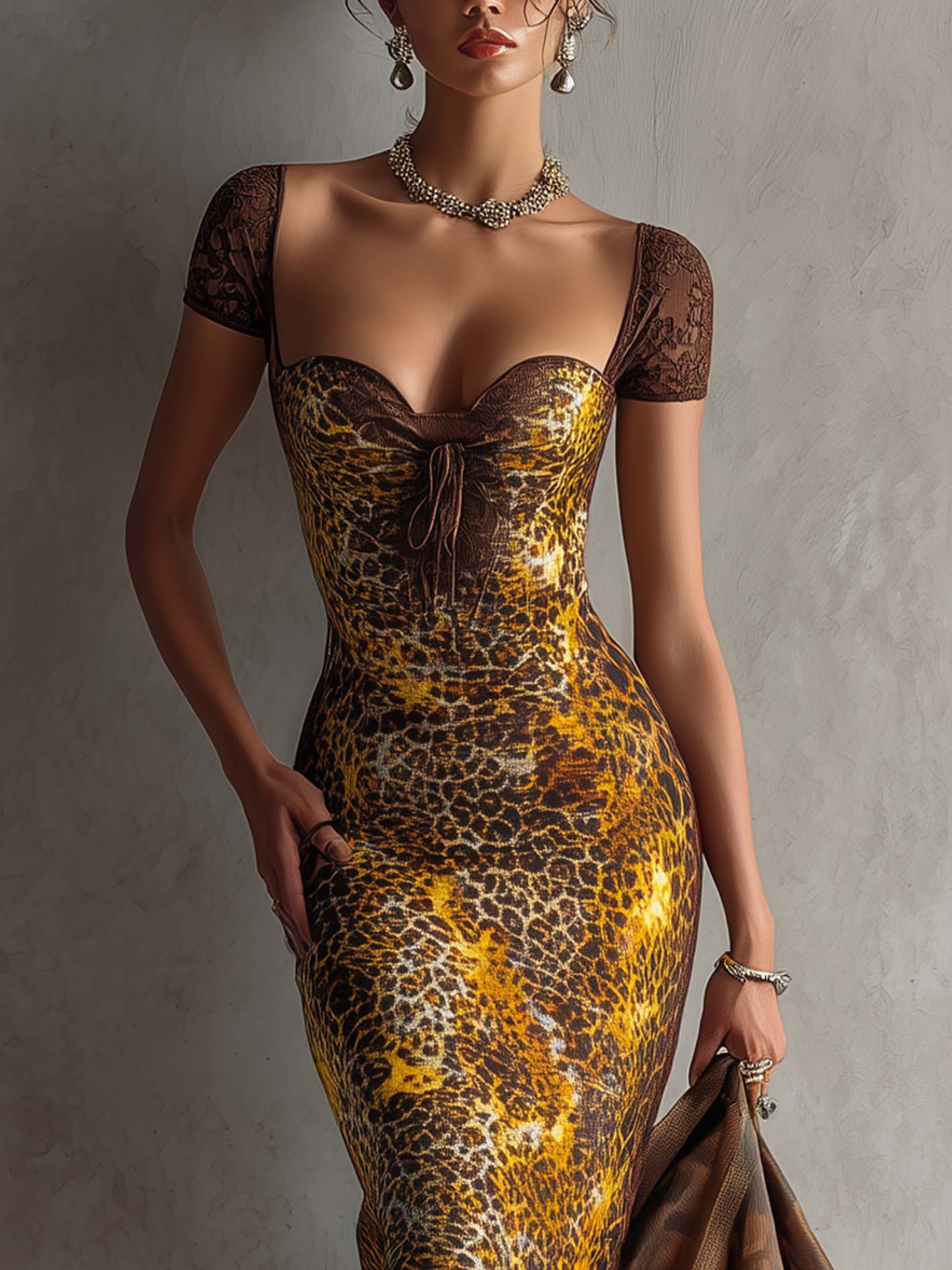 Żółta sukienka bodycon w panterkę z brązowymi koronkowymi rękawami" can be rewritten as:
"Żółta sukienka bodycon w panterkę z koronkowymi brązowymi rękawami