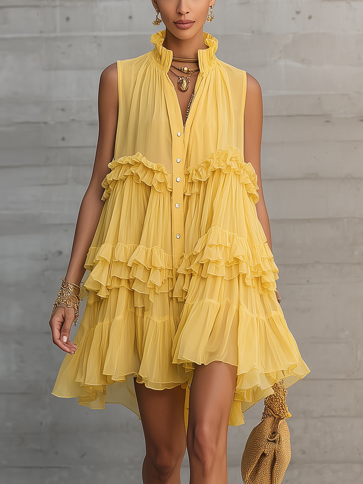 Yellow Sleeveless Ruffled Pleated Tiered Chiffon Mini Dress