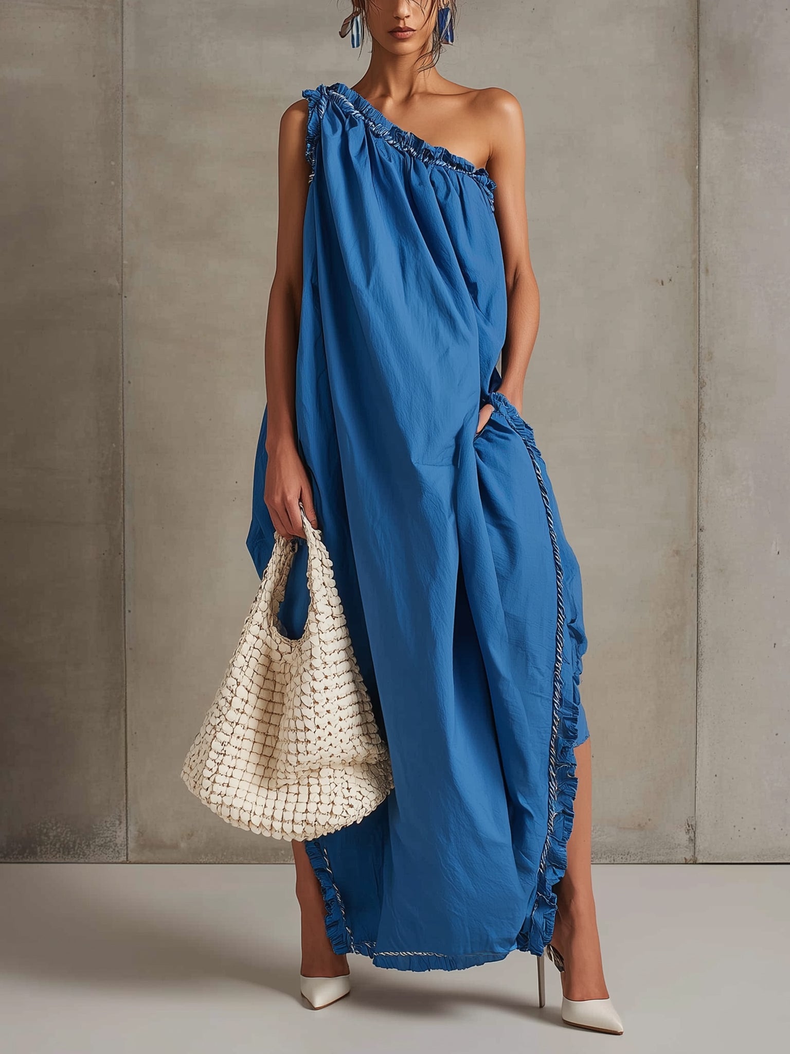 Blue Sleeveless Cotton Ruffle Split Maxi Dress