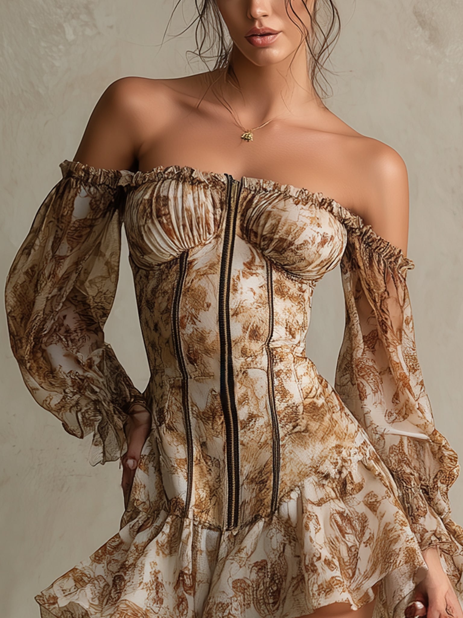Brown Off Shoulder Floral Chiffon Mini Dress With Zipper Detail