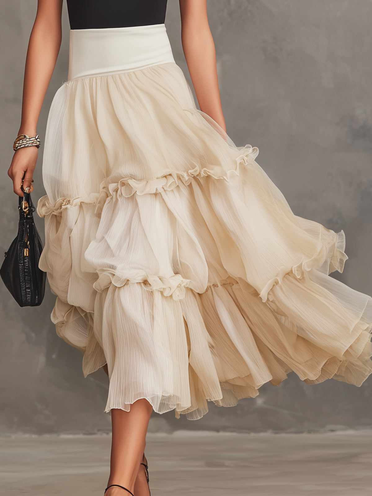 Black Fitted Top And Cream Pleated Tiered Ruffle Chiffon Maxi Skirt Set