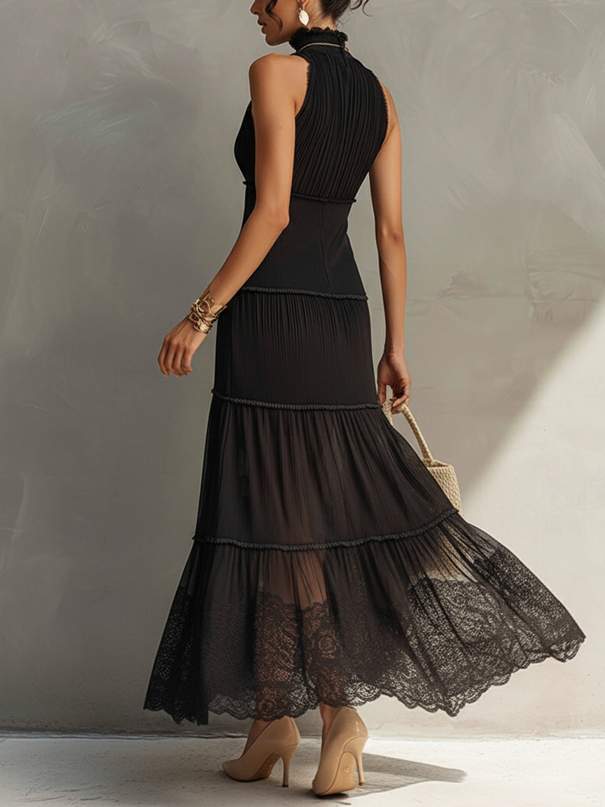 Black Sleeveless Chiffon Lace Maxi Dress