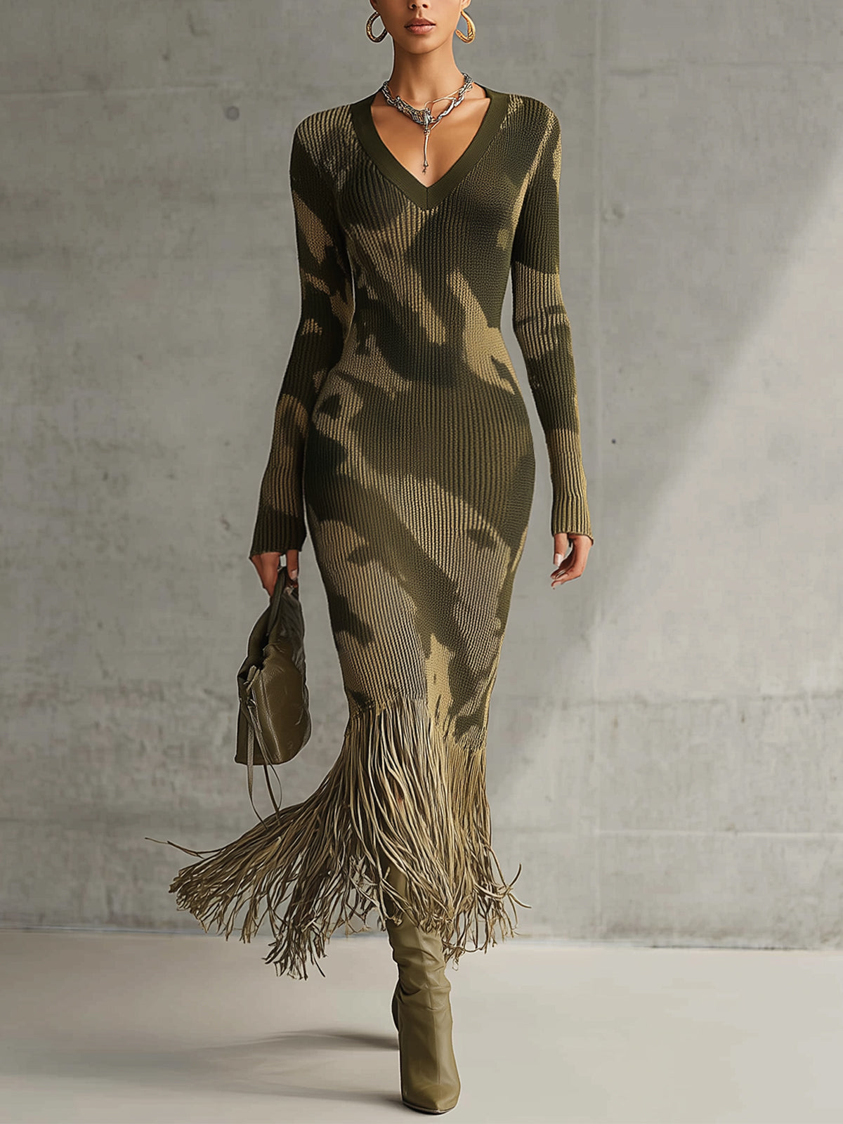 Yohers Olive Camo Knit Sukienka Bodycon z Dekoltem w Serek i Frędzlami