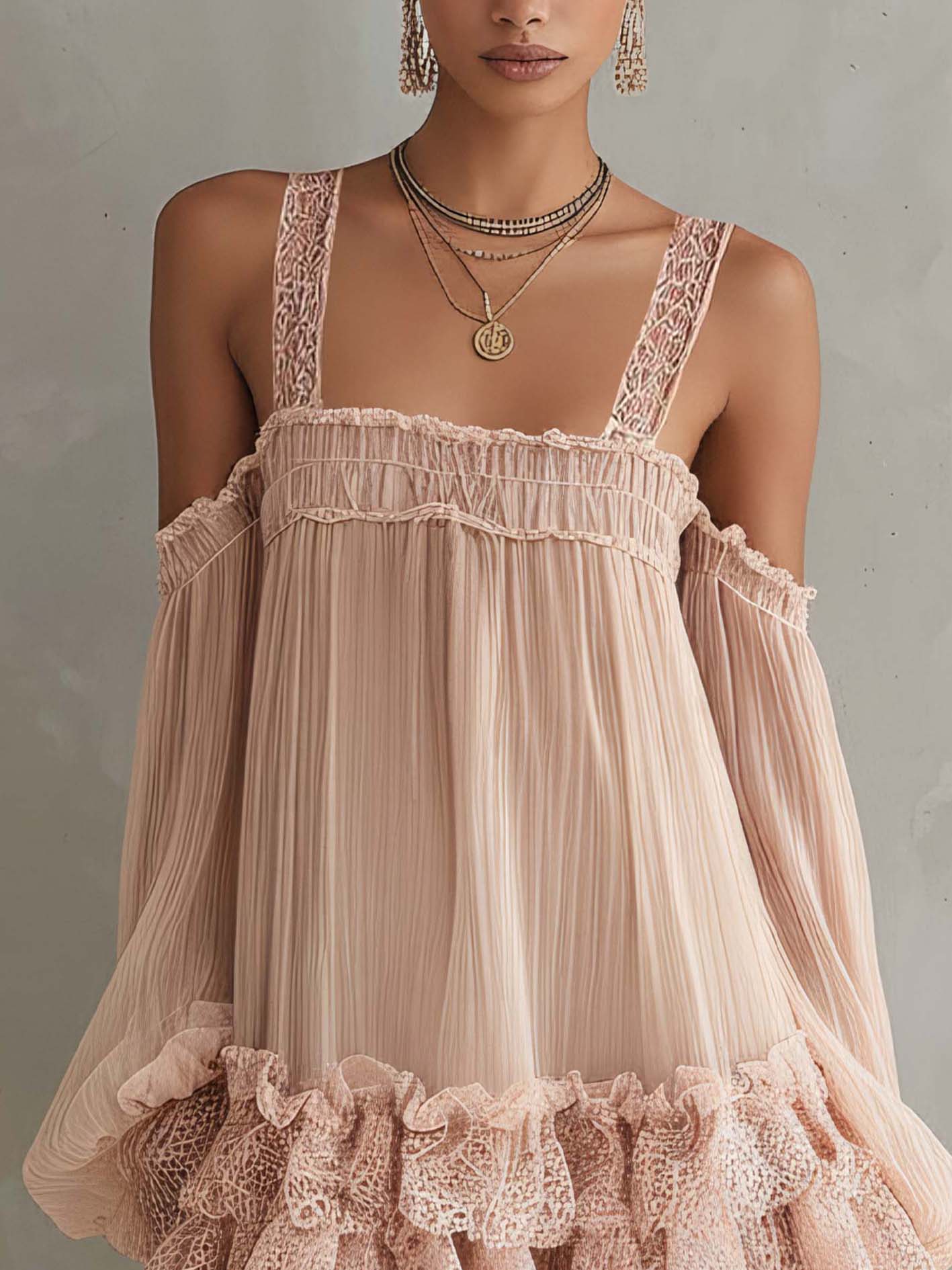 Pink Off Shoulder Spaghetti Strap Lace Ruffle Chiffon Mini Dress