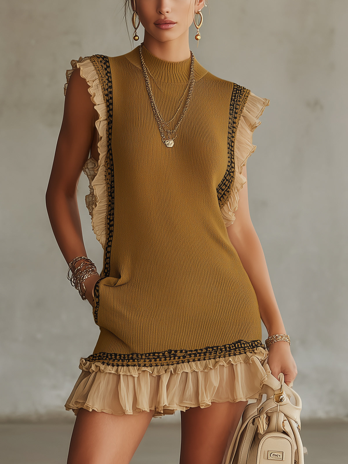 Yellow Ruffle Trim High-Neck Knit Mini Dress