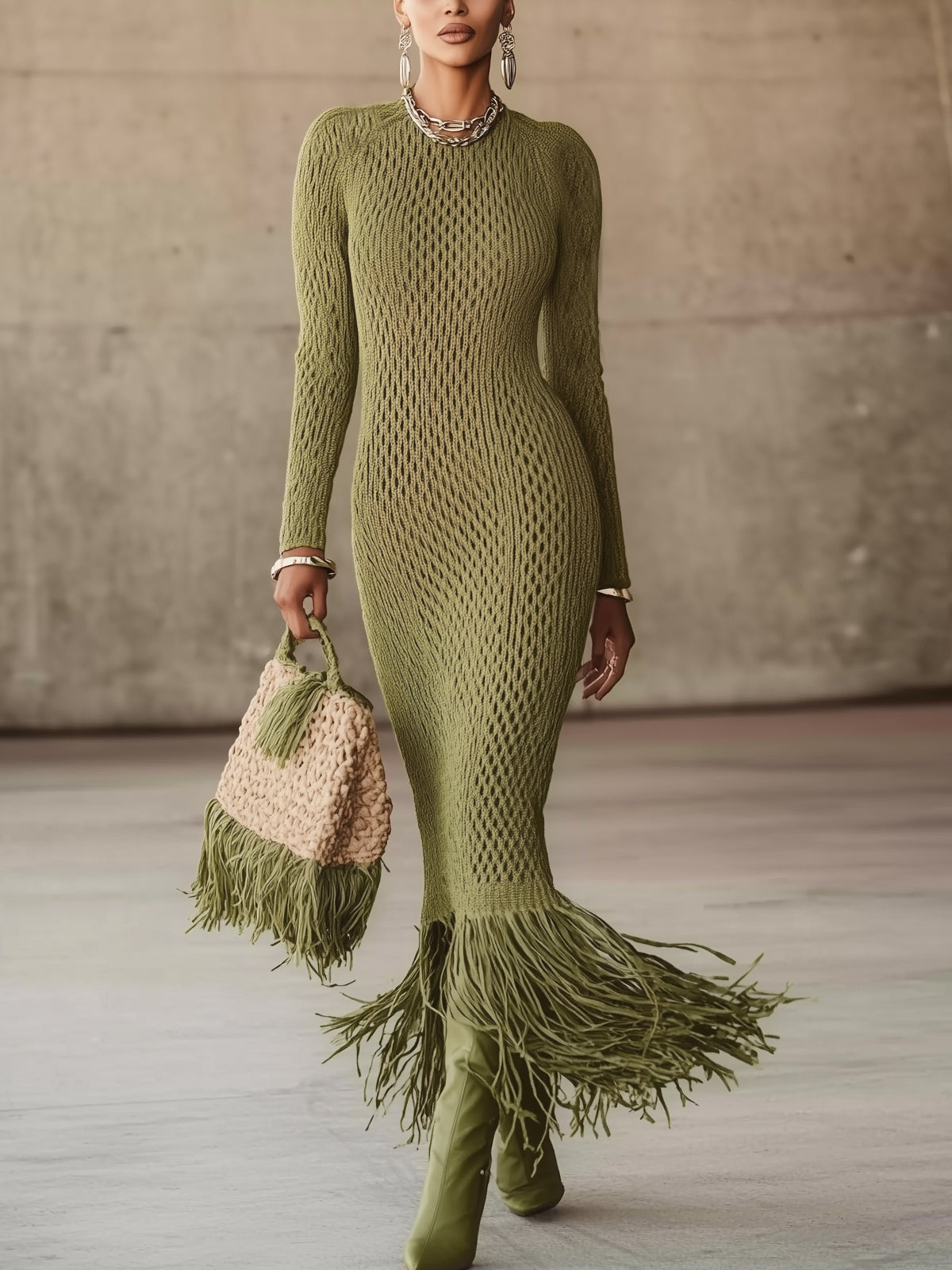 Oliwkowa maxi sukienka bodycon z frędzlami - szybka wysyłka w 24 godziny