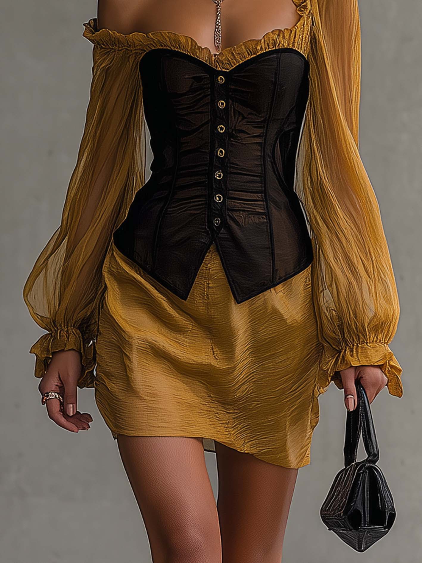 Gold And Black One Shoulder Patchwork Mini Dress