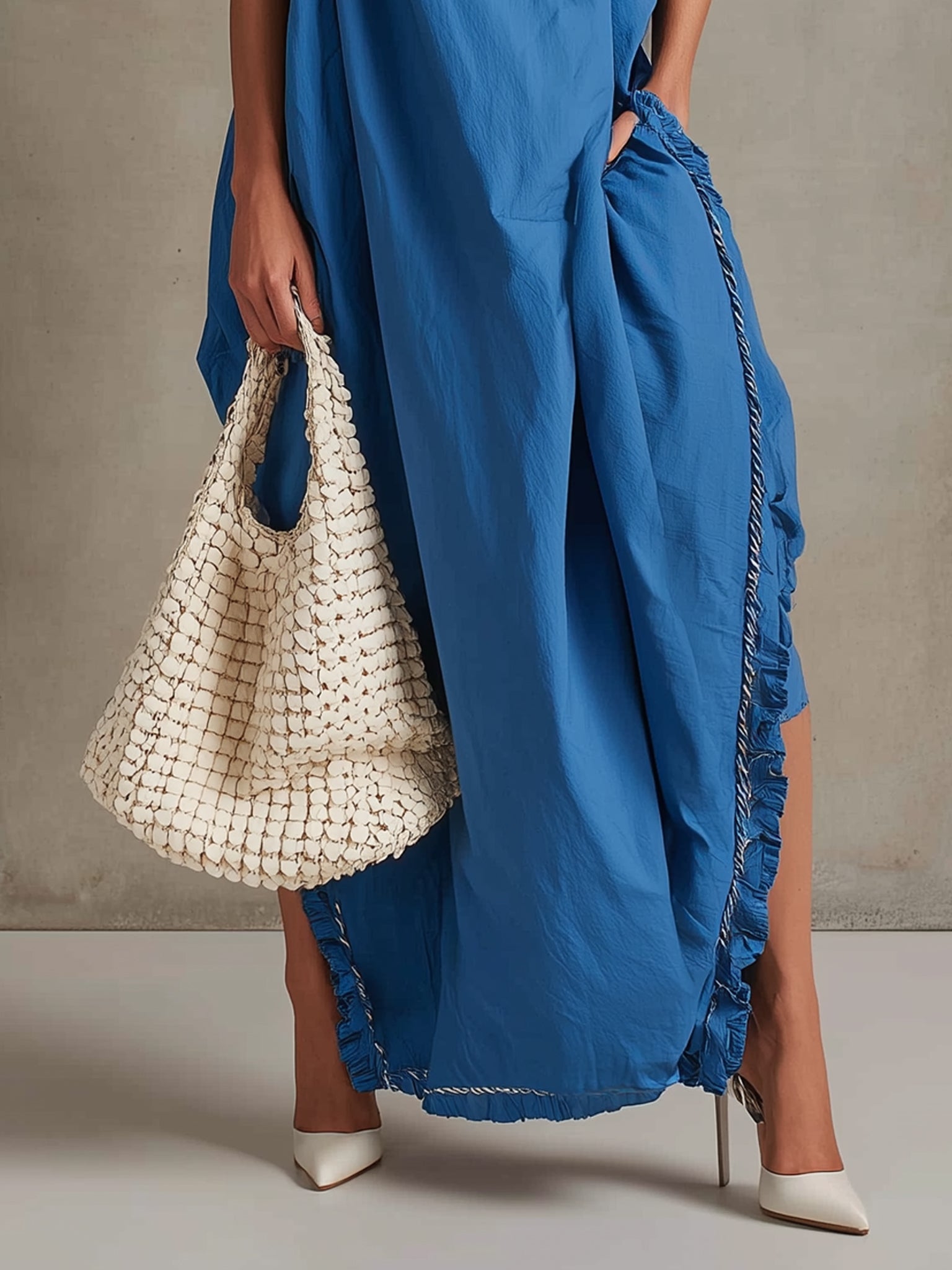 Blue Sleeveless Cotton Ruffle Split Maxi Dress