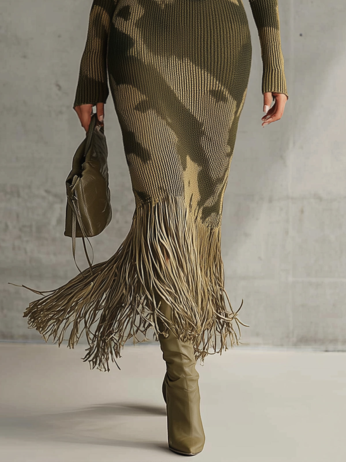 Sukienka bodycon z dekoltem w serek i frędzlami Yohers Olive Camo Knit
