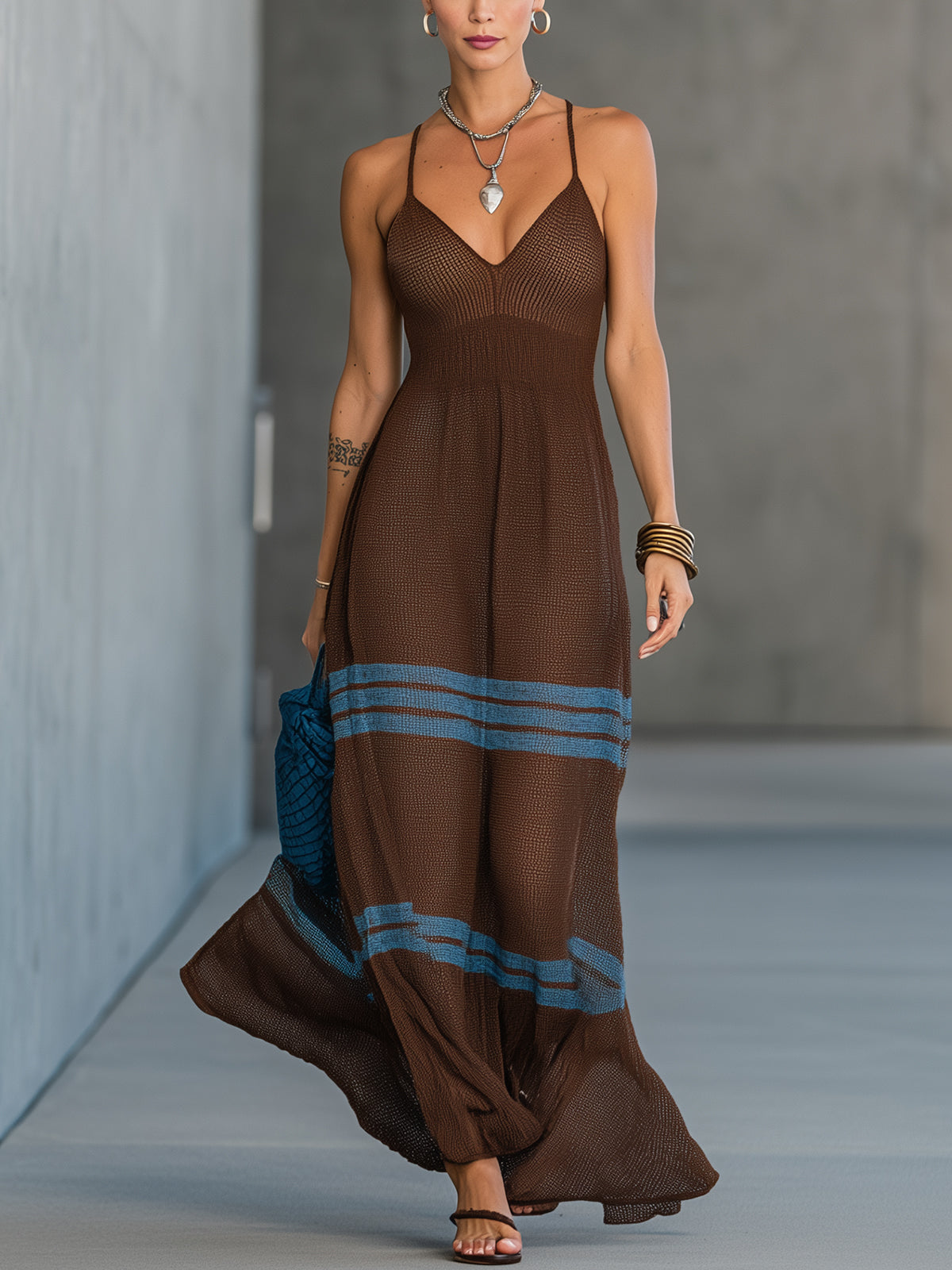 Brown Striped Knit Maxi Dress with Spaghetti Straps