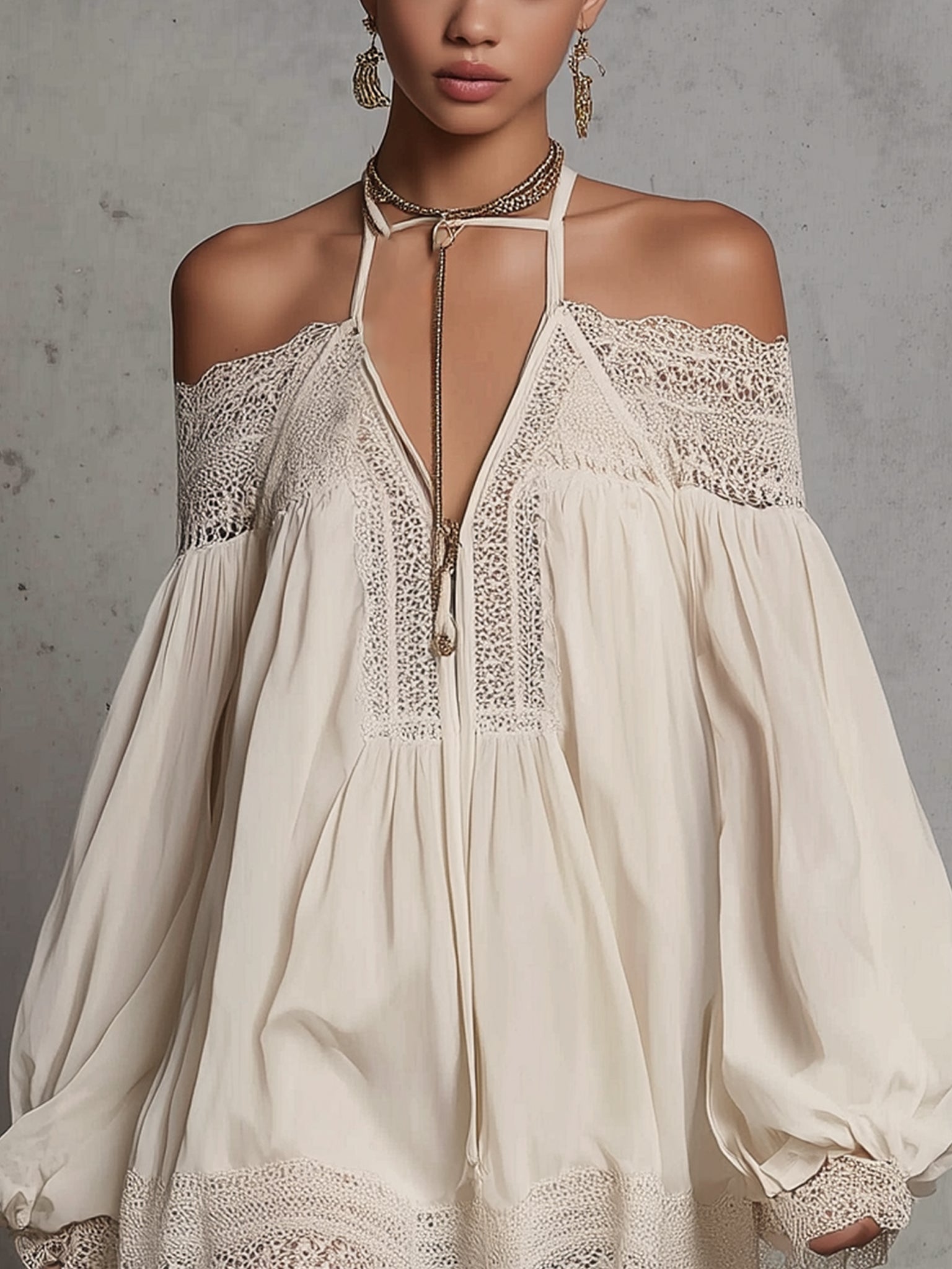 Ivory Off-Shoulder Chiffon Lace Mini Dress with Zip Closure