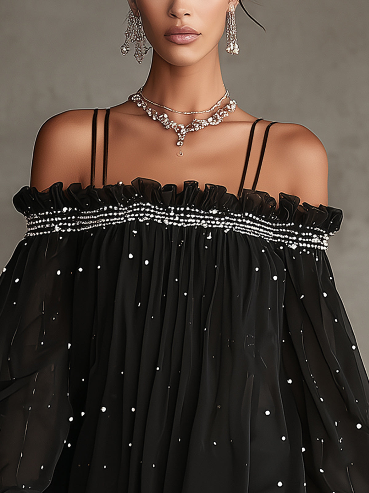 Black Off-Shoulder Pearl-Embellished Chiffon Dress