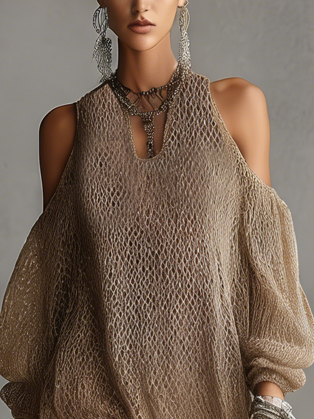 Brown Cold Shoulder Open-Knit Fringe Hem Mini Dress