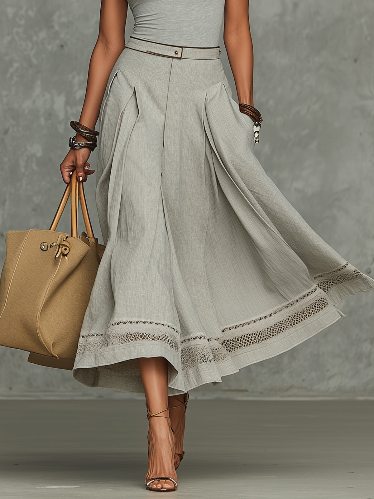 Gray V-Neck T-shirts And Midi Skirt Set