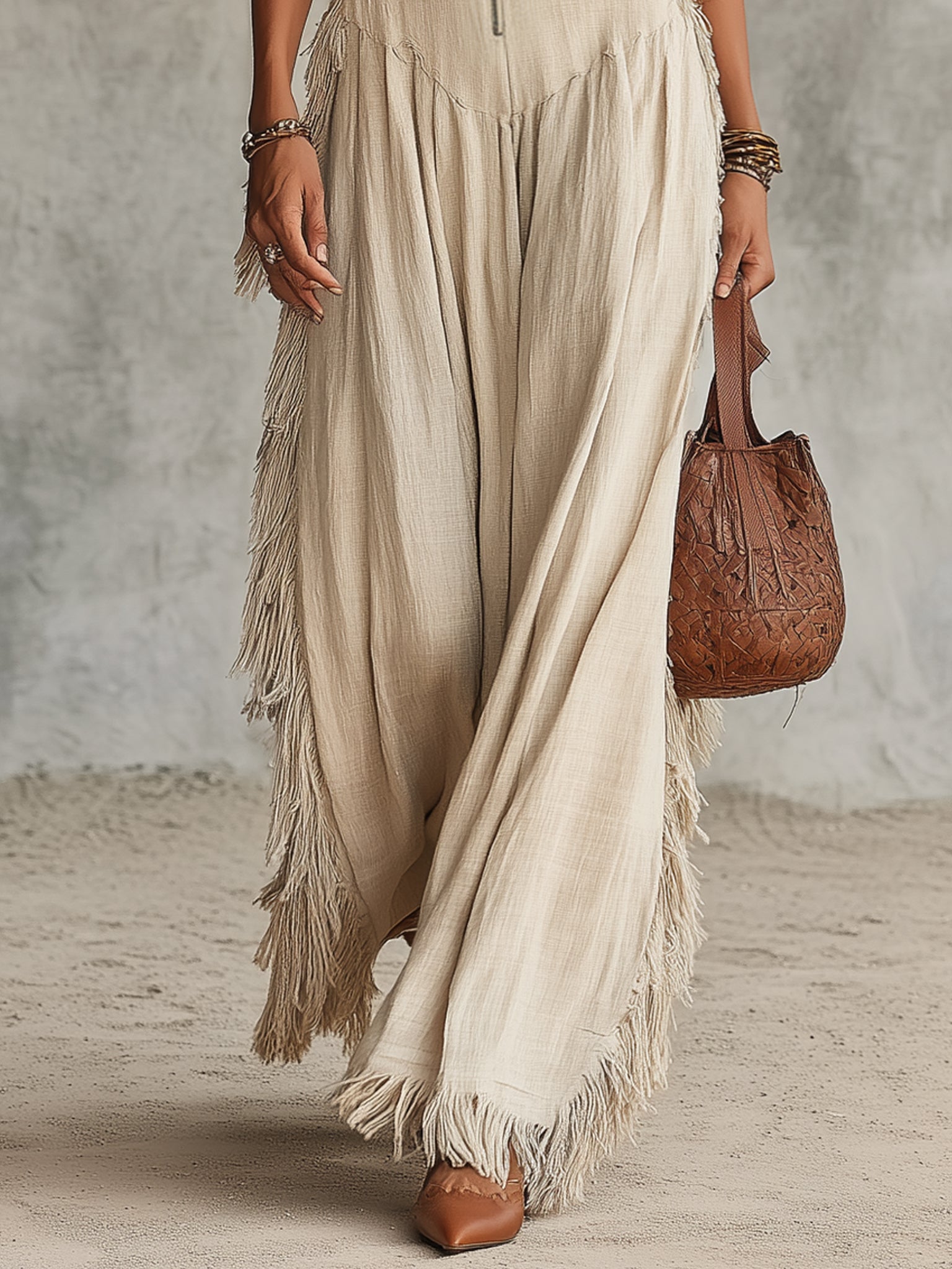 Khaki Maxi Dress with Fringes and Zipper