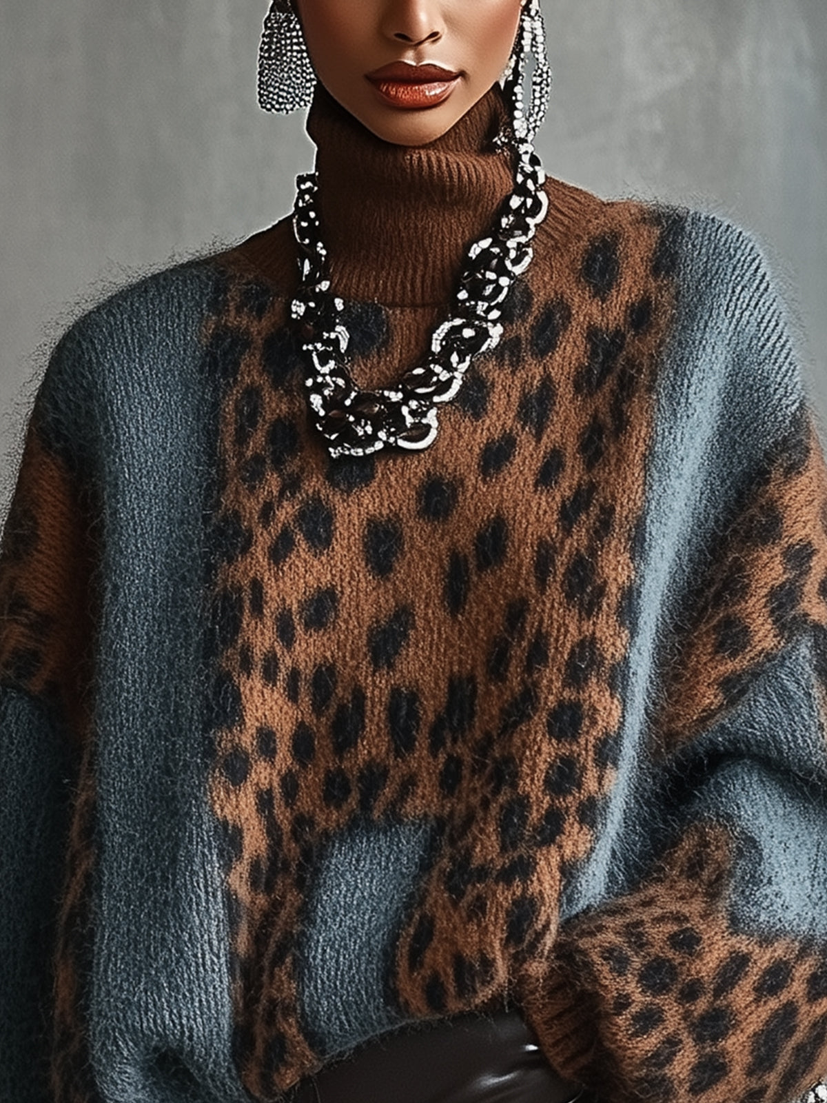 Leopardzi wzór sweter z kołnierzem - wysyłka w 24 godziny