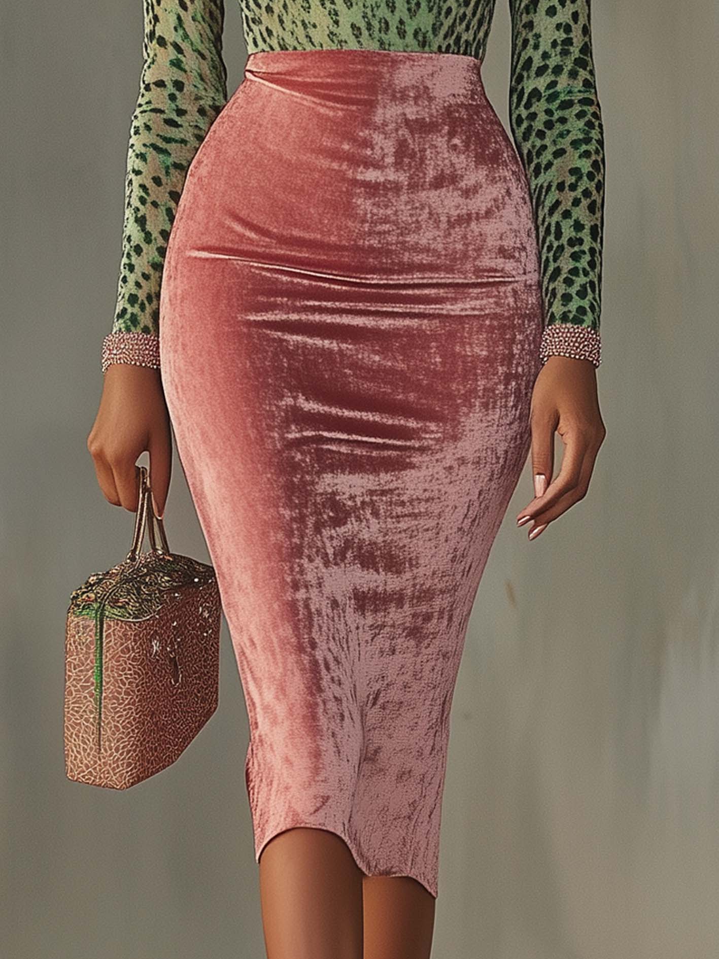 Różowa Sukienka Bodycon z Aksamitnego Materiału z Patchworkowym Wzorem Lamparta