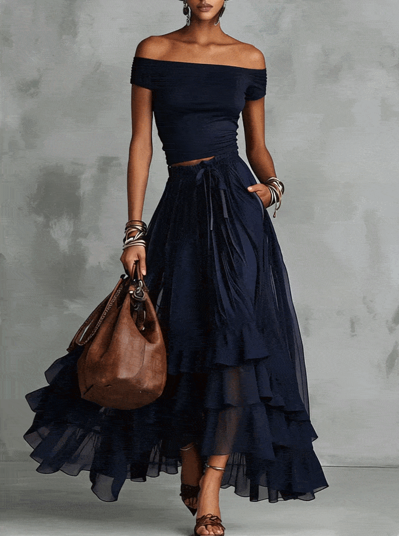 Navy Off-Shoulder Crop Top And Tiered Ruffle Chiffon Maxi Skirt Set